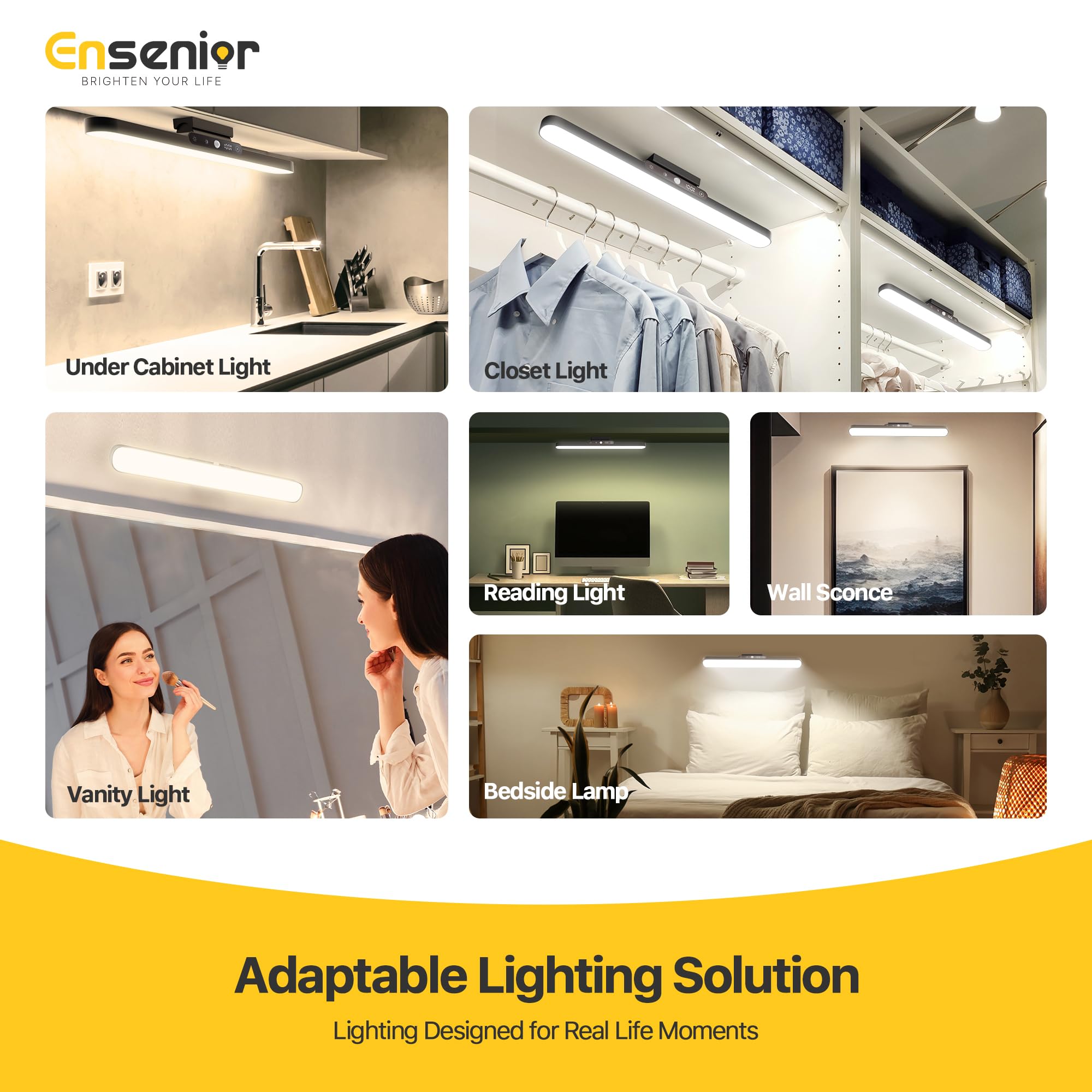 Ensenior 14" Motion Sensor Light Bar - Stepless Dimming, Remote, Rechargeable 2000mAh, Indoor Use for Kitchen, Cabinet, Closet