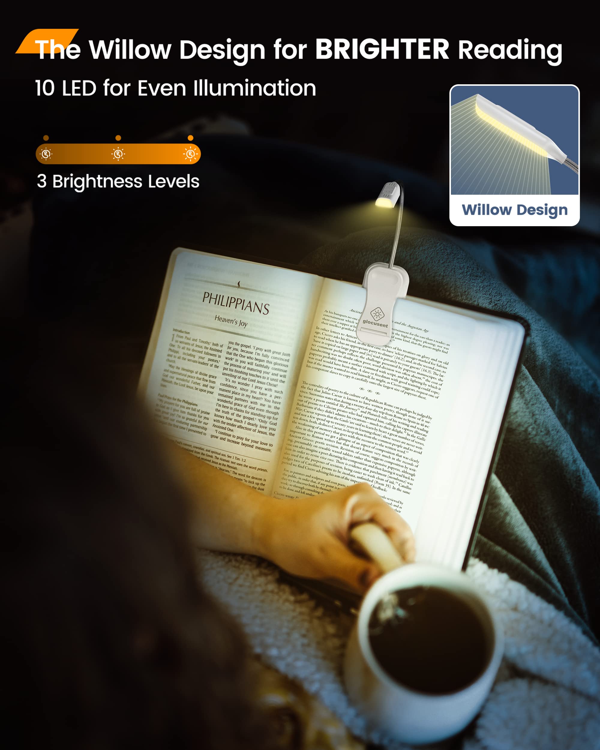 Glocusent Willow Book Light, 10Led, 3 Colors & 3 Brightness, Rechargeable, Lightweight, Clip On, Modern Design, Pure White, Abs