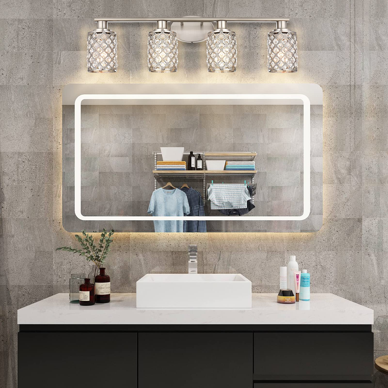4 Light Bathroom Light Fixtures, Modern Farmhouse Vanity Light,Brushed Nickel Bathroom Lights Over Mirror,Crystal Vanity Lighting Fixtures For Bathroom,Powder Room