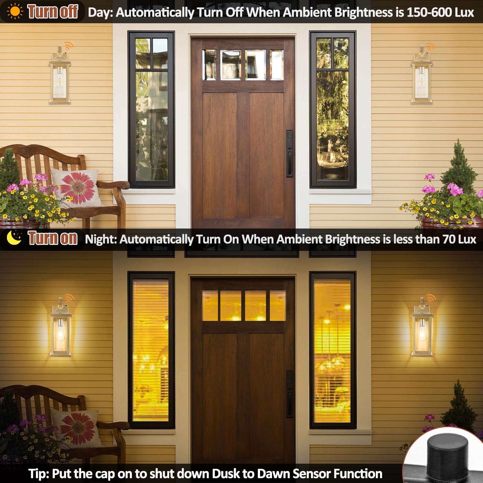 Roravilila Large Gold Outdoor Sconces 17" Dusk to Dawn 2-Pack, IP65 Waterproof Wall Lanterns with Photocell