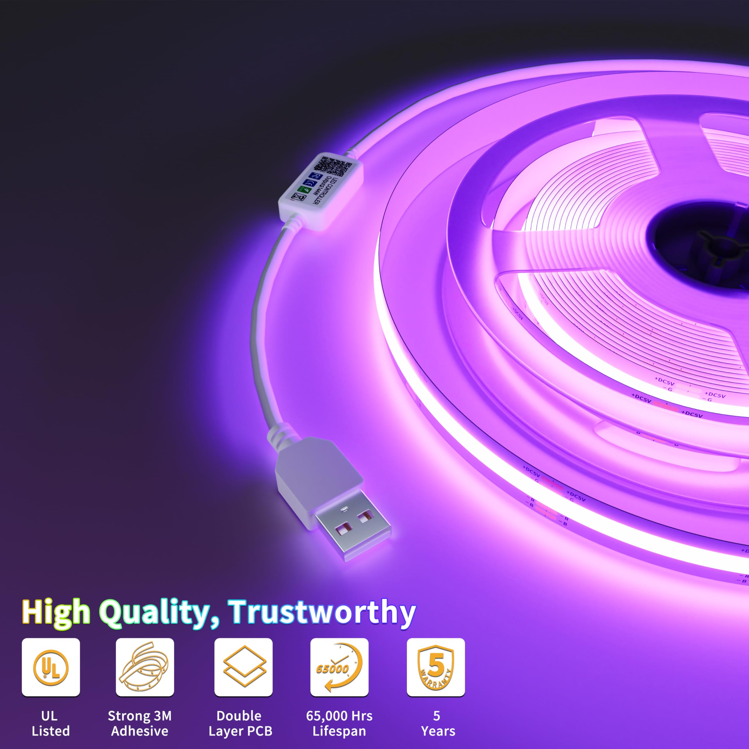 Pautix 5V Usb Cob Rgb Led Strip Light 9.84Ft/3M Color Changing Light Strips Tv Backlight Multicolor Flexible Under Cabinet Tape Lights With Bluetooth Control For Bedroom Kitchen Home Diy Lighting