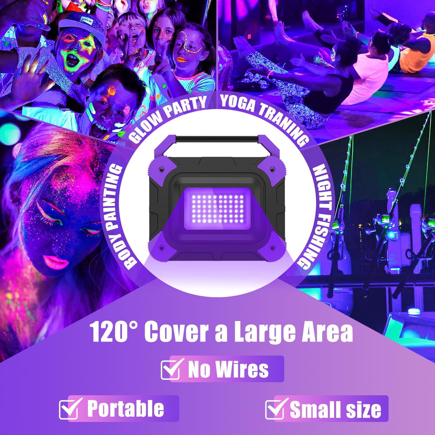 T-SUN Rechargeable Black Lights, Battery Powered Black Lights for Fishing Portable Blacklights for Glow Party Body Paint Fluores