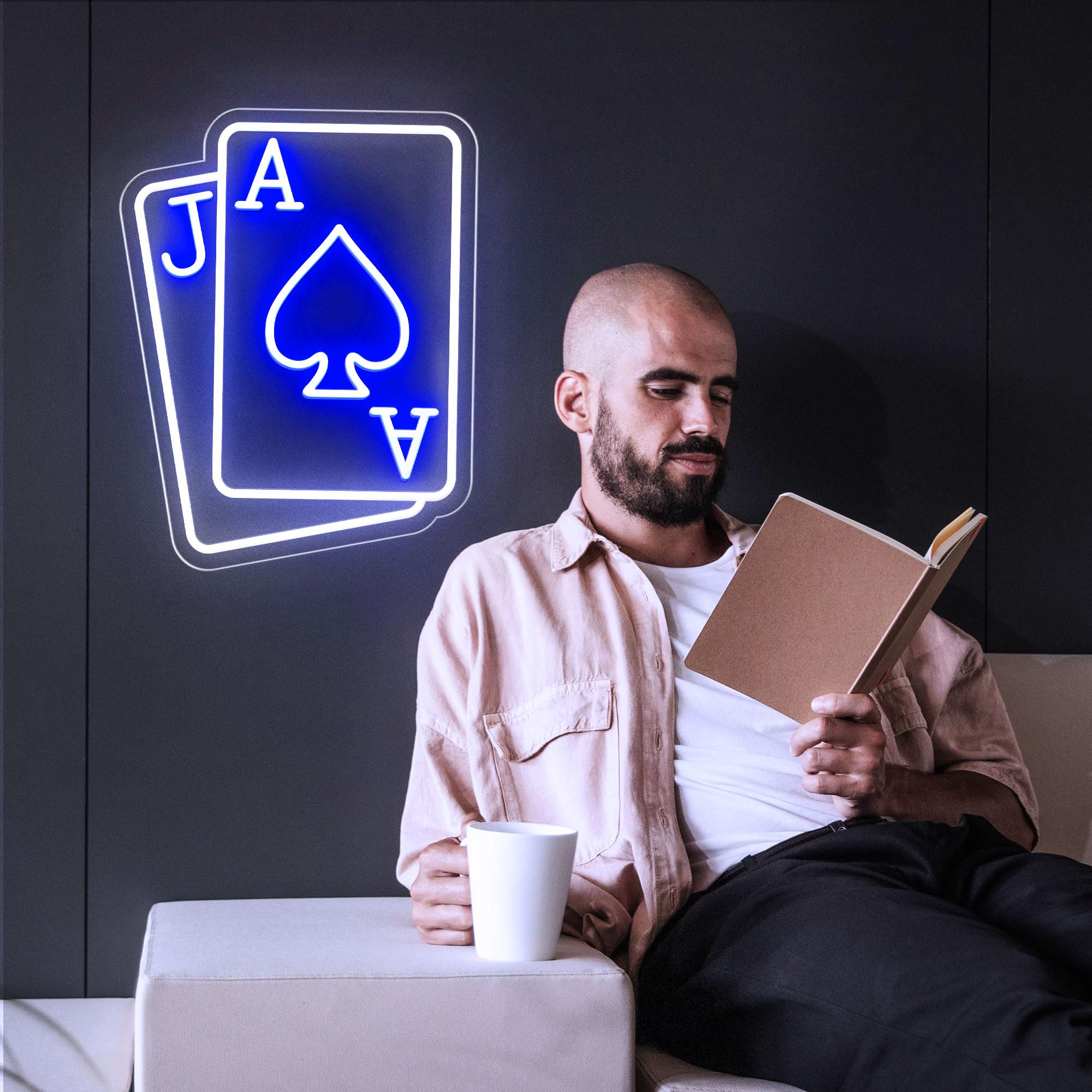 CULOIS Neon Playing Cards Wall Sign, 13x11 in, Blue/White Acrylic LED Light for Bedroom, Bar, Game Room Decor