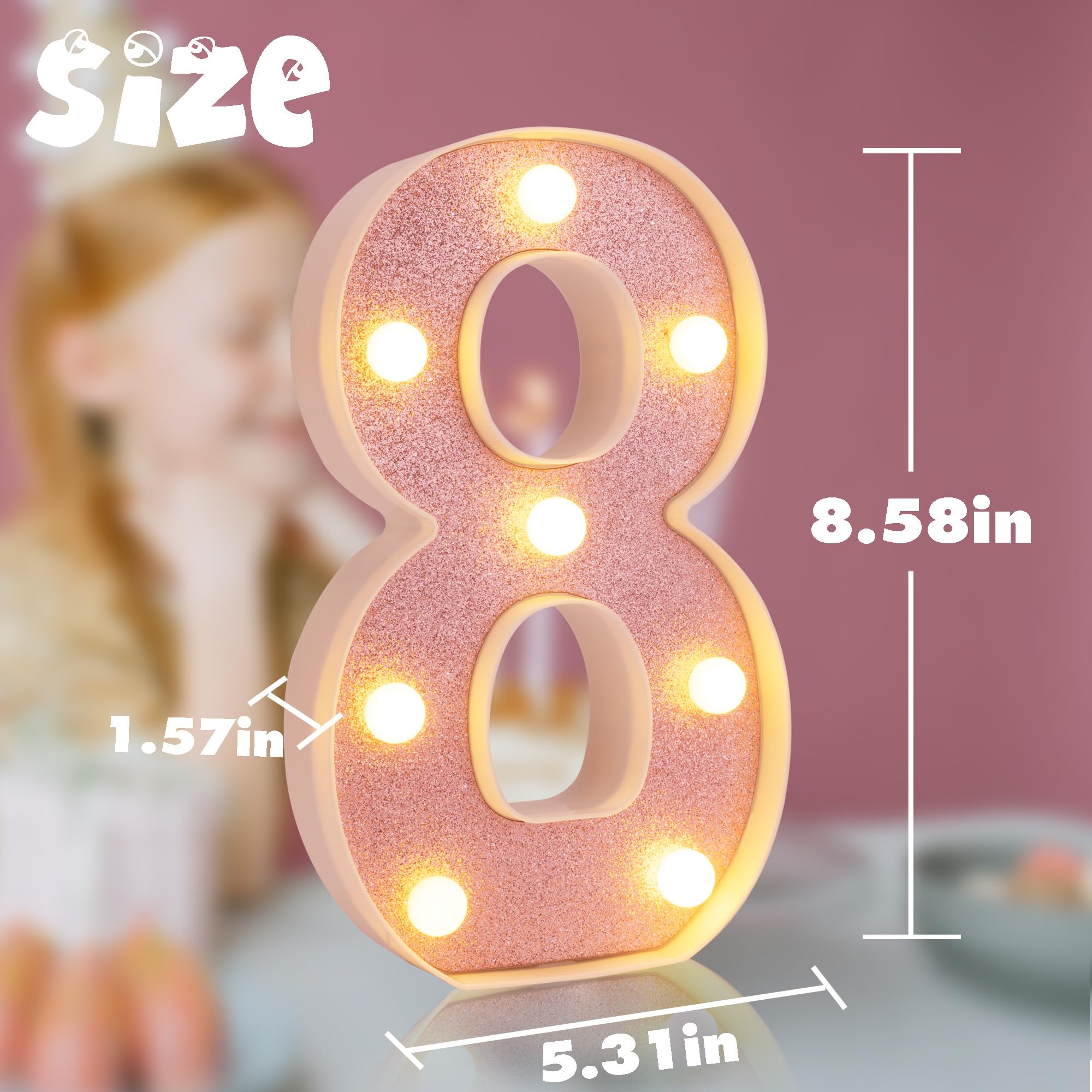 DyingSwan LED Marquee Number 8, 8.58 Inch Pink Glitter Light Up Decor, Battery Powered Plastic Party Night Light