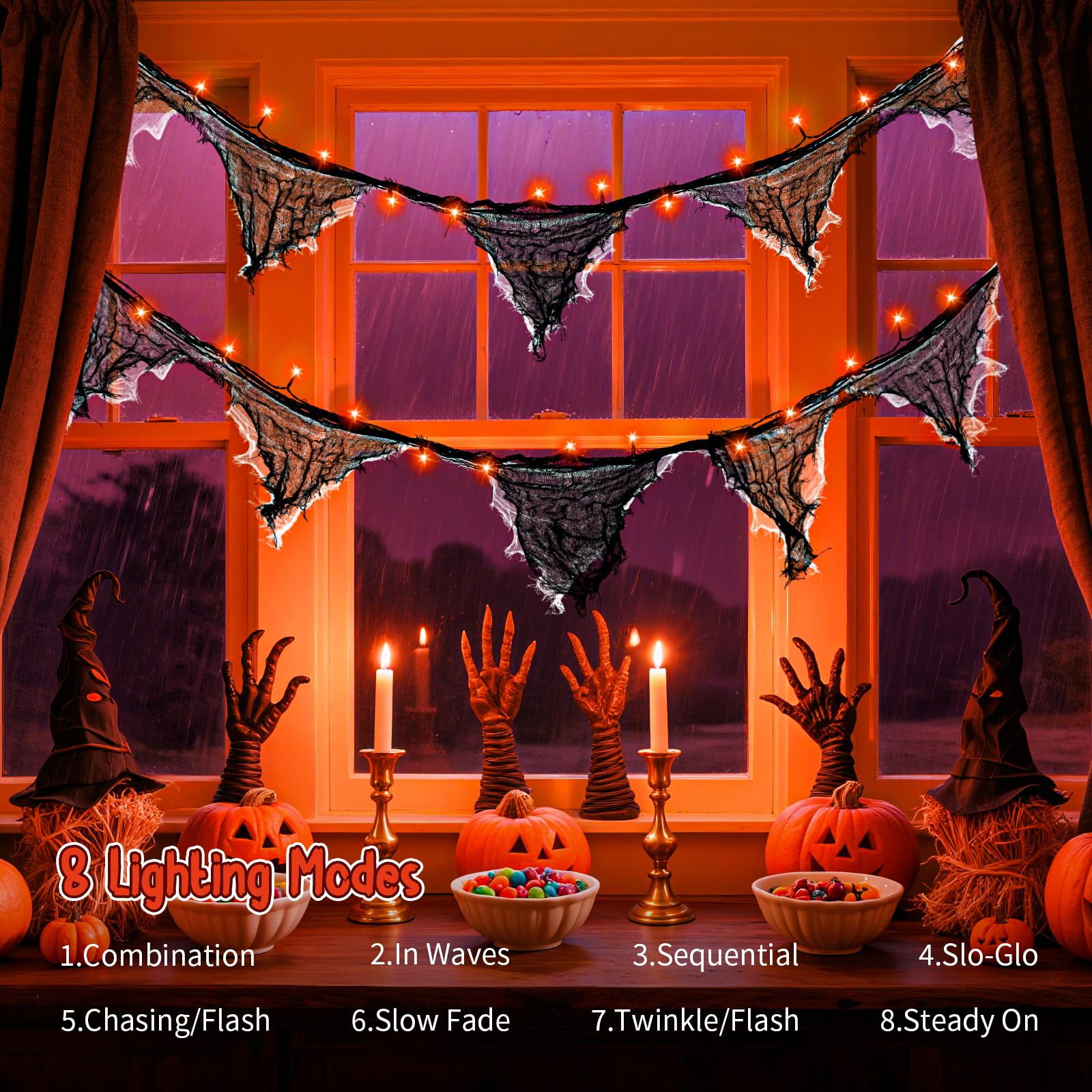 FFZZKJ Halloween String Lights - 30LED, 9.9FT, Orange, Battery/USB Powered, 8 Modes, Black Cloth Garland, Indoor/Outdoor Decor