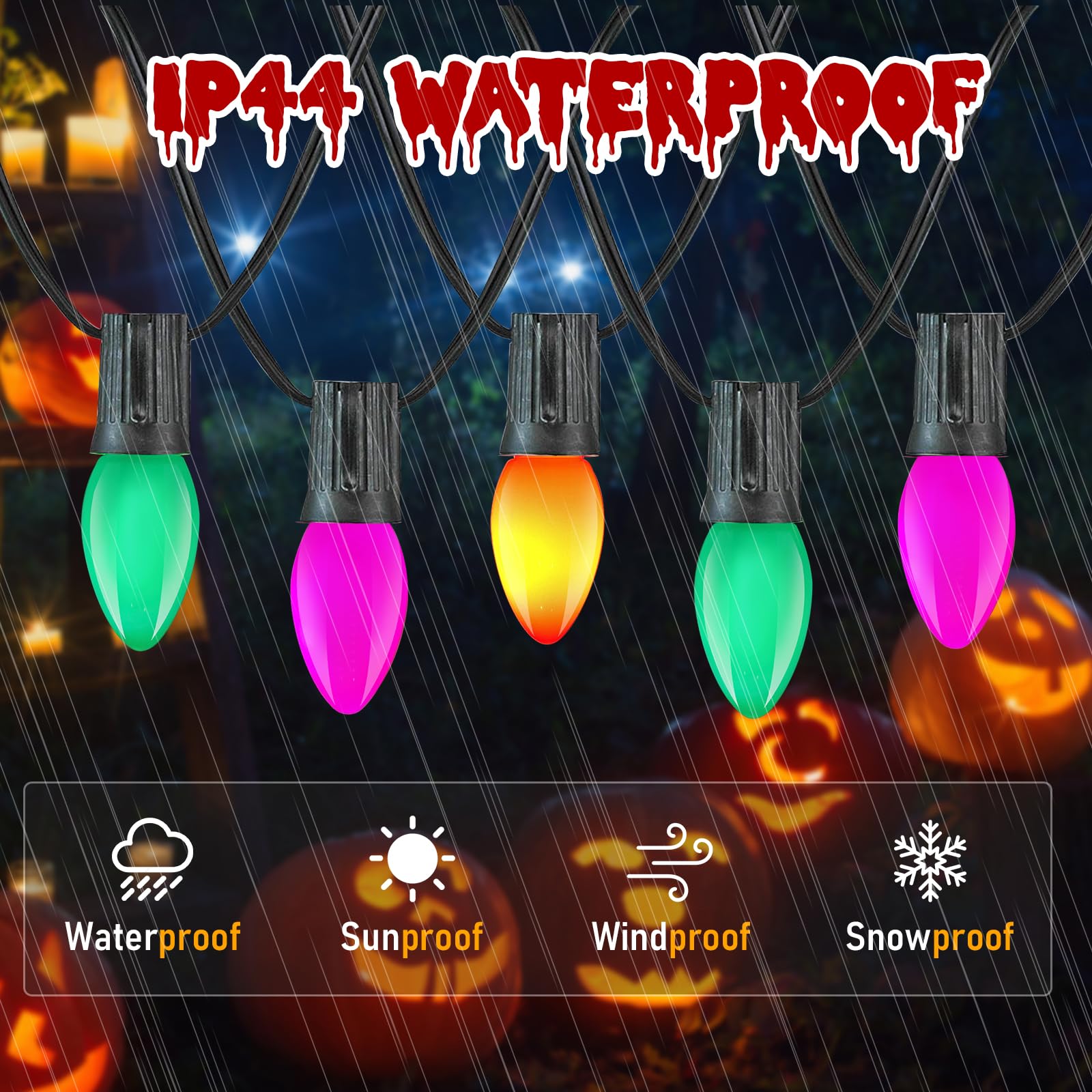 Konictom 25Ft Waterproof Led Halloween Lights - Multicolor C7 Bulbs For Outdoor Indoor Decor