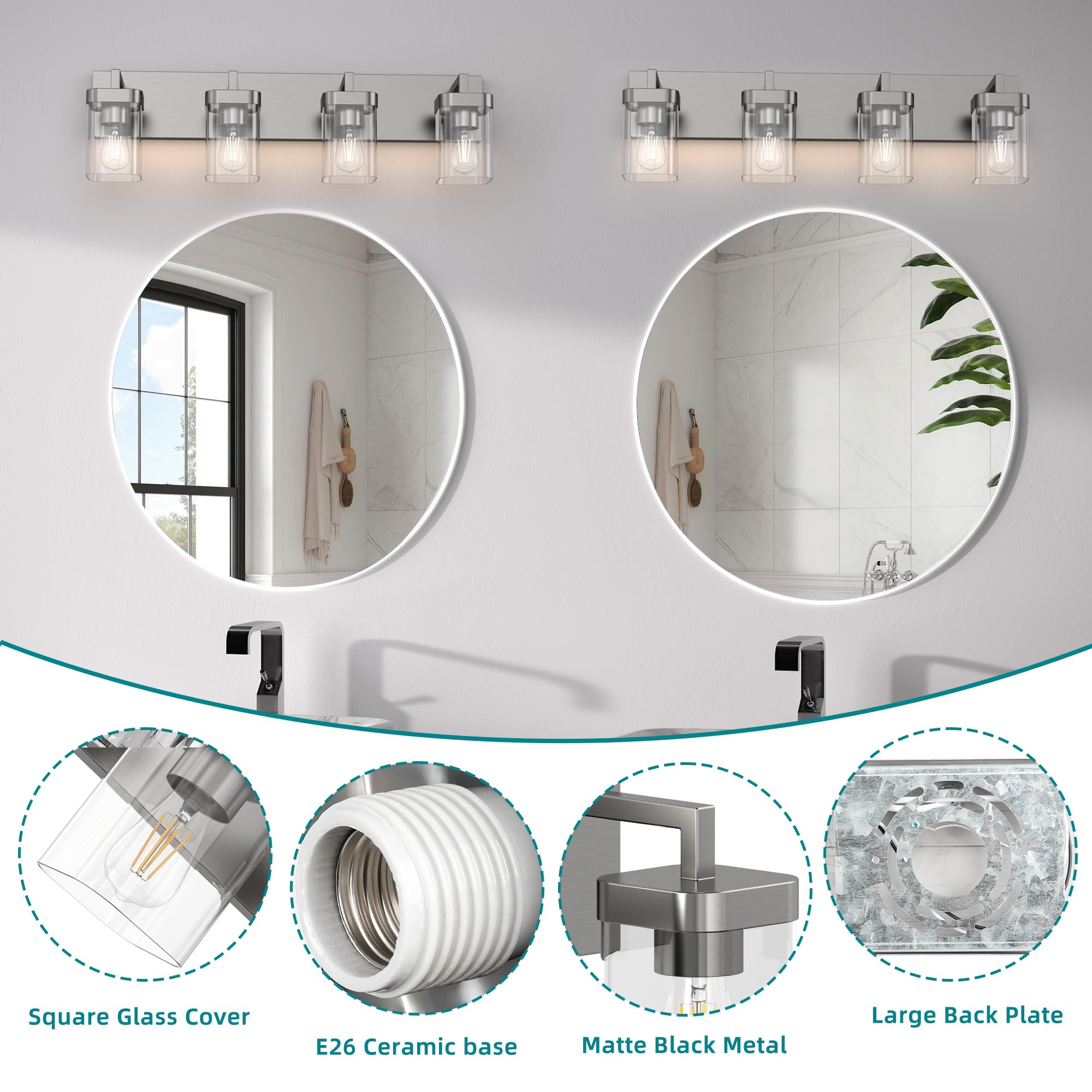 Danshinro 4-Light Brushed Nickel Bathroom Light Fixtures, Modern Vanity Lights with Clear Glass Shades, Model L23-4-NL