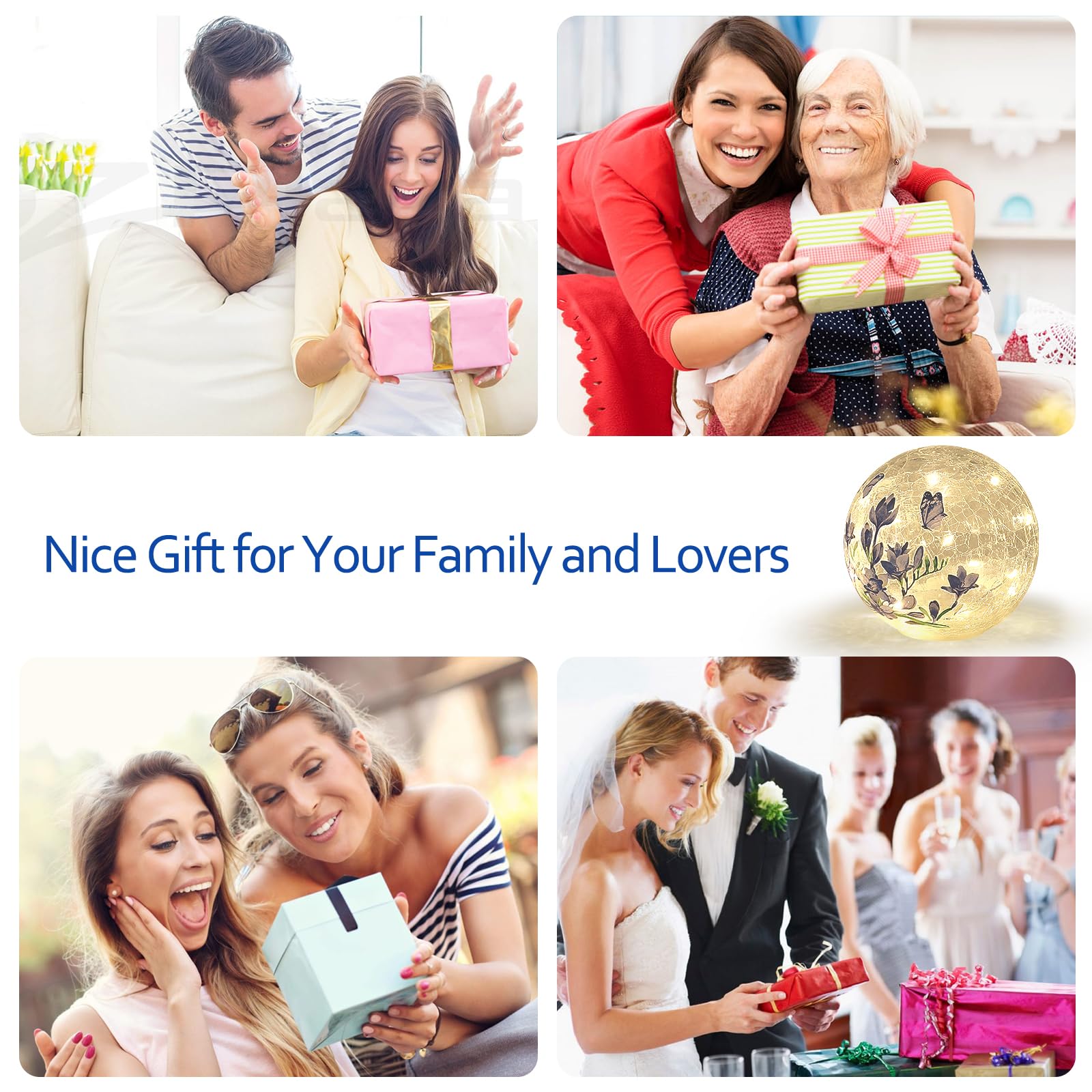 Idealxmas Glass Sphere Light With Timer - Glass Crystal Lamp, Battery Operated Table Lamp With Blue Flower