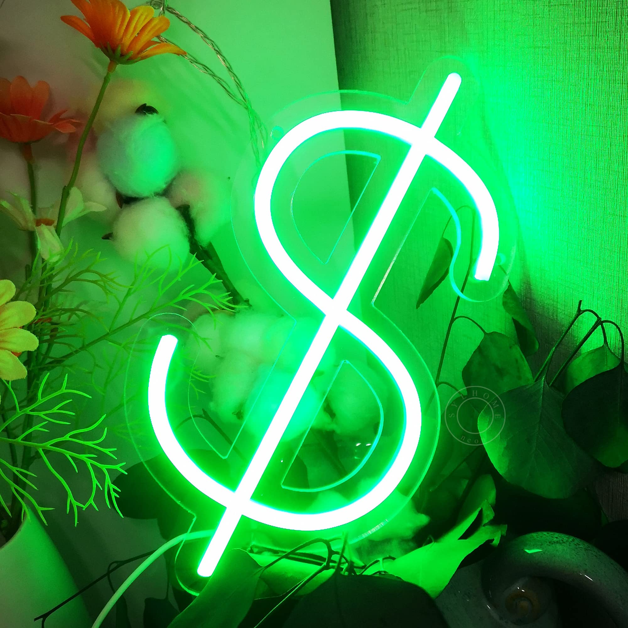 SYLHOME LED Neon Light Sign - Dollar $ Design, Green, 11.81in x 6.3in, USB Powered, for Home, Game Room, Bar Decor