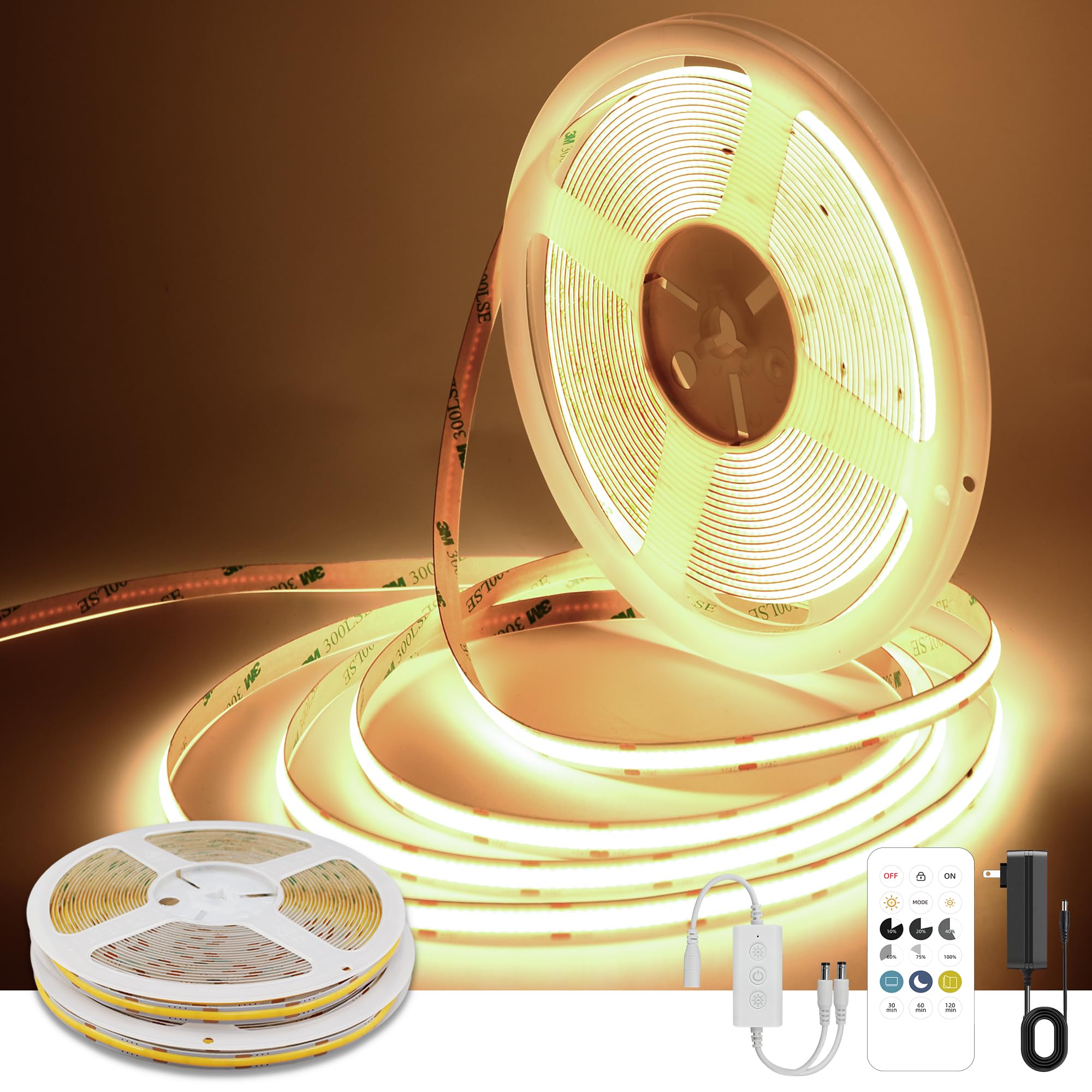 Pandery COB LED Strip Lights, 24V Dimmable, 65FT, Warm White 3000K, Flexible, Cuttable, Model P20M-320KIT-3000K