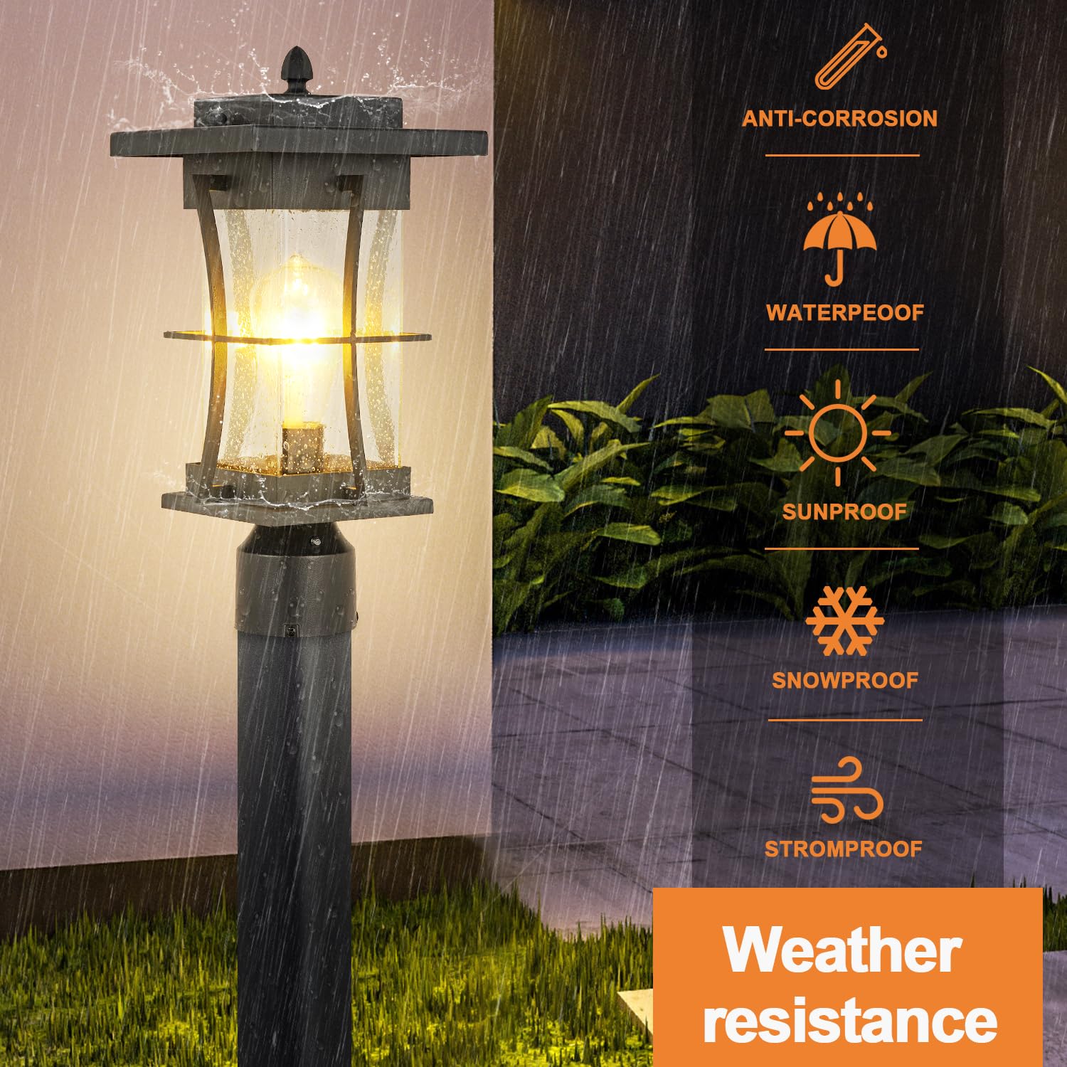EERU Outdoor Post Light Fixture, Waterproof, Black, Large, Glass, Dusk to Dawn Sensor, Pier Mount Adapter