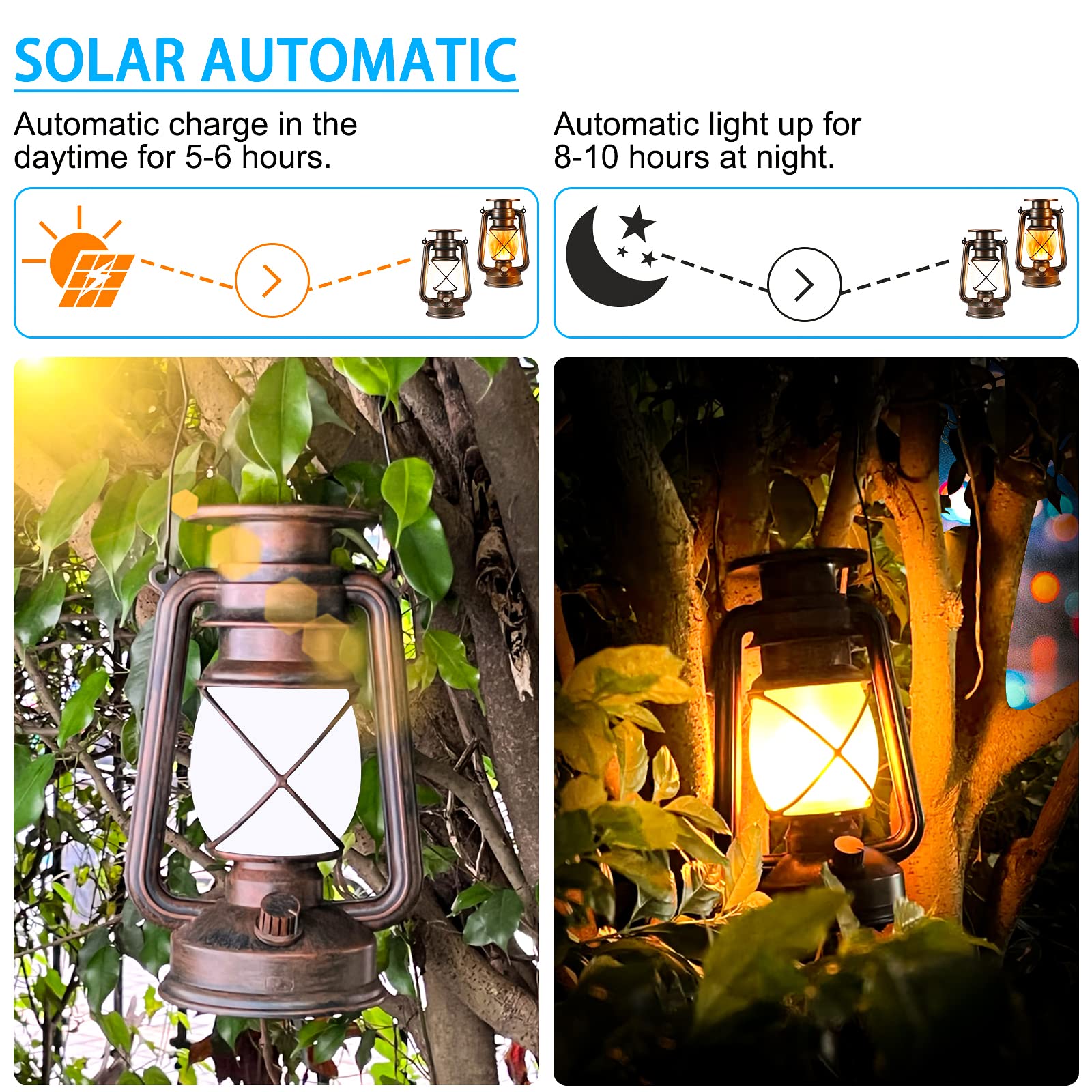 Solar Lantern Outdoor, Hanging Solar Lights Flickering Flame Led Vintage Lantern, Waterproof Camping Lamps, Auto On/Off Landscap