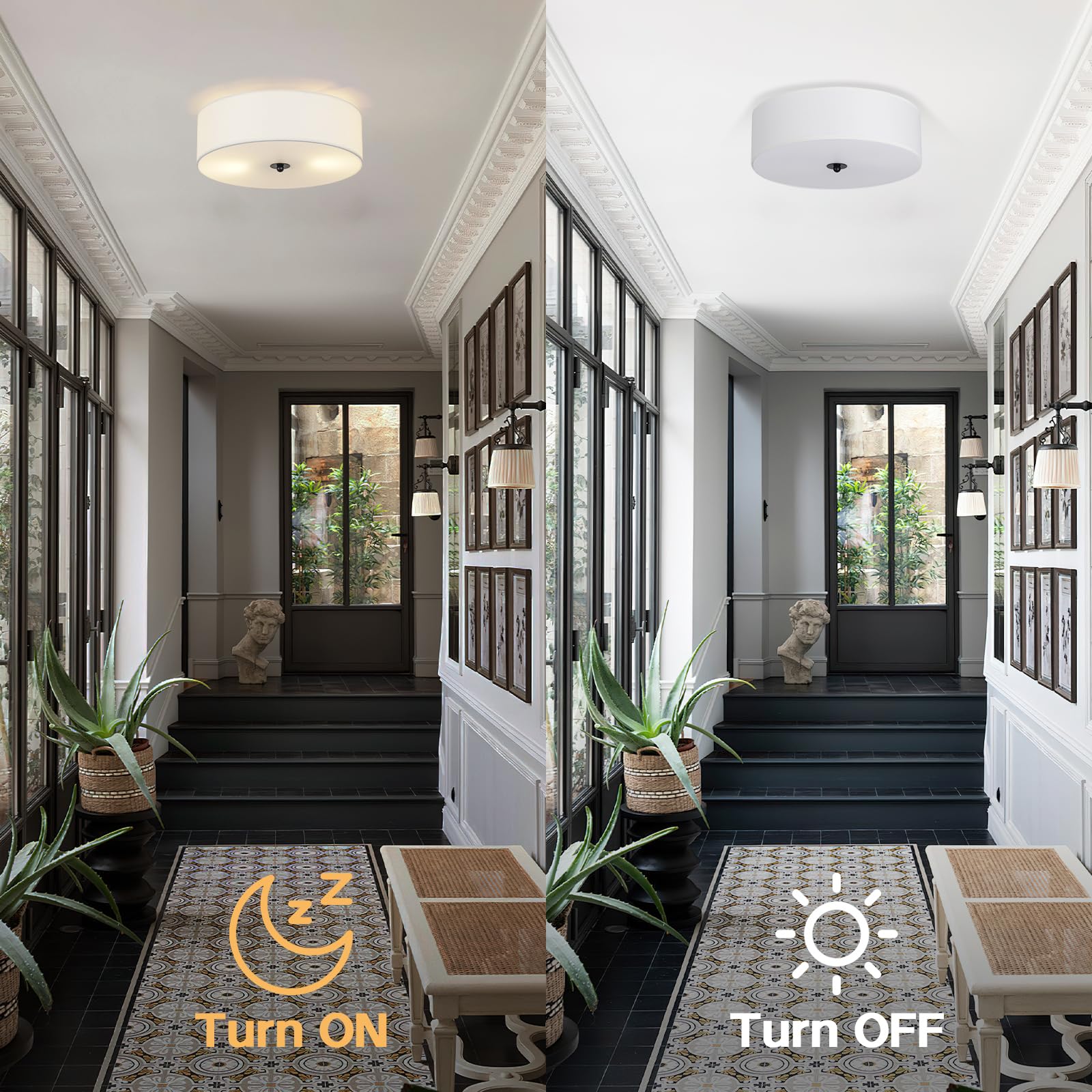 Calokes Flush Mount Ceiling Light Fixture, 13'' Close To Ceiling Light With White Fabric Linen Drum Shade, 2-Light Modern Round