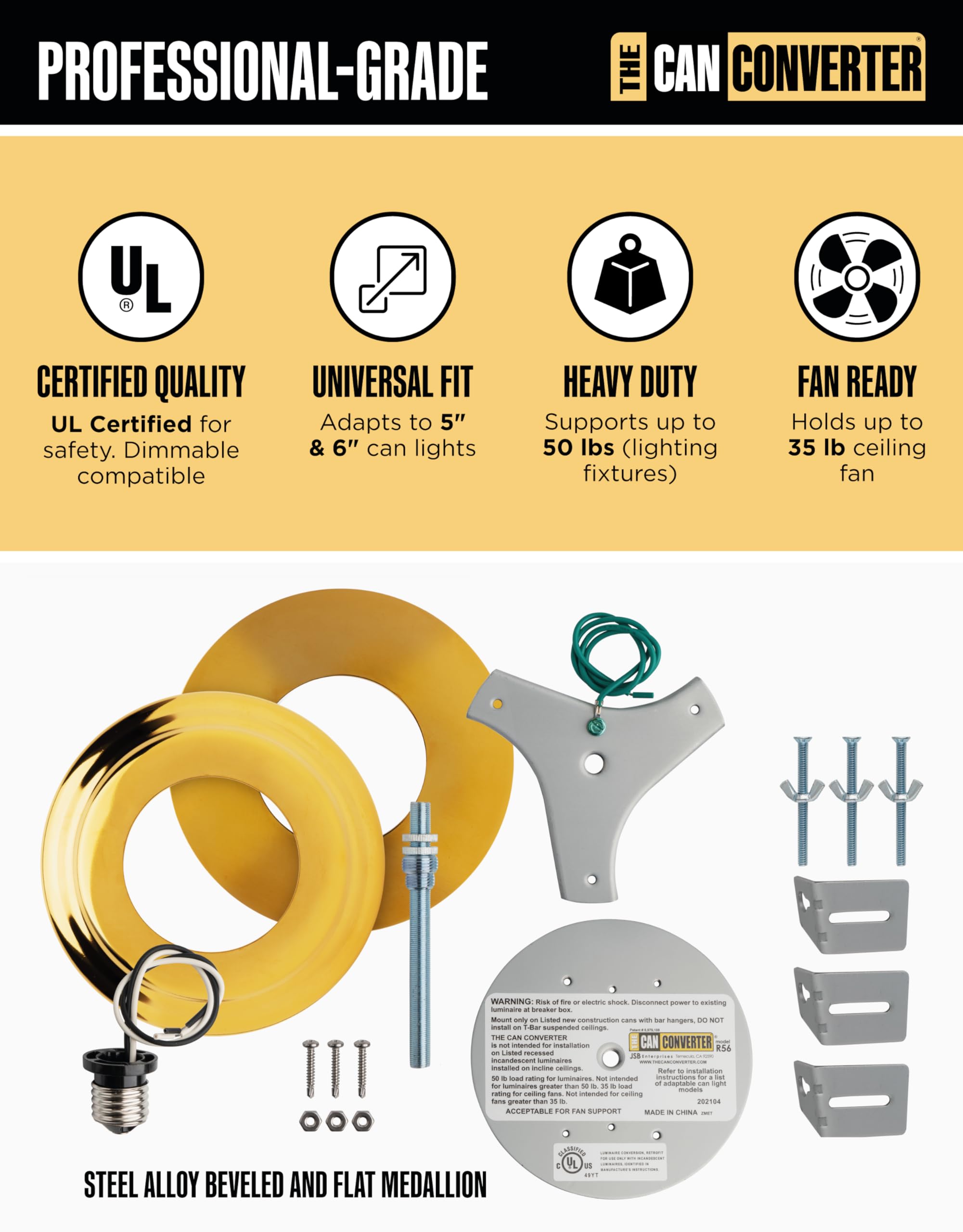 The Can Converter R56WHTFB Recessed Can Light Conversion Kit, Polished Gold Medallion, for Ceiling Fixtures and Fans