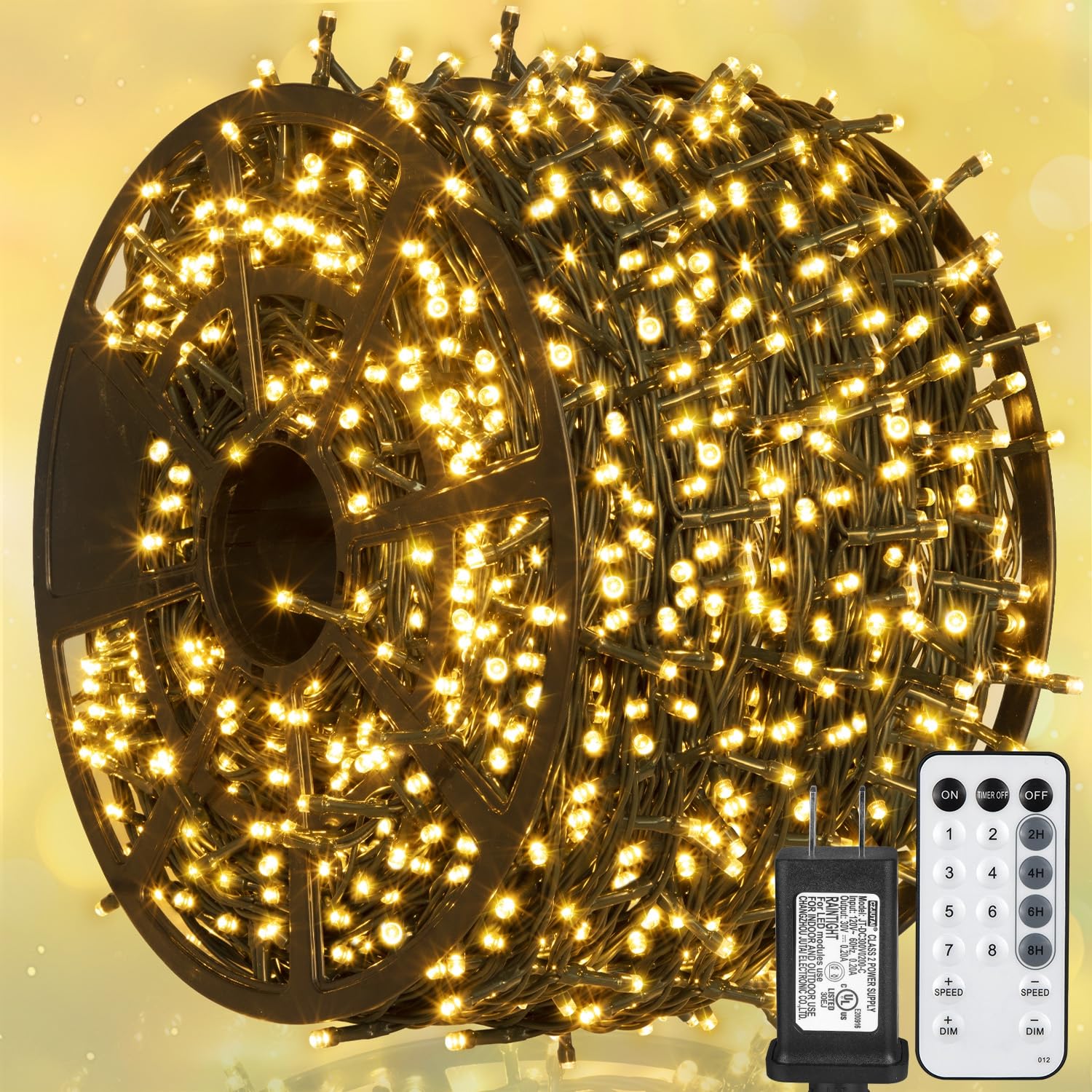 Weillsnow 328 FT 1000 LED Christmas String Lights, Waterproof, 8 Modes, Remote, Warm White, Model HB-1000COI