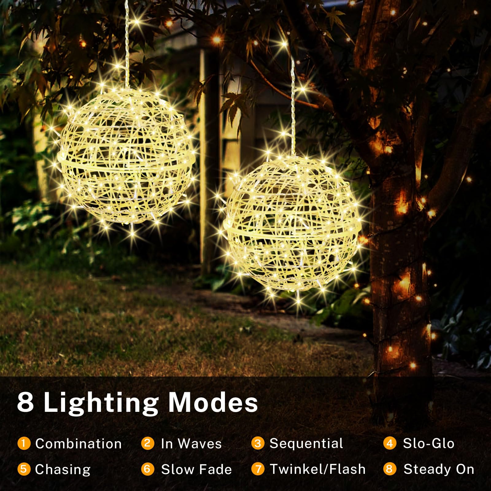 Outdoor Balls String Lights 4 Pack Hanging 7.9&quot; Led Garden Sphere Tree Lights 8 Modes Waterproof Glow Globe Lights With Memory Timer Plug For Yard Porch Patio Balcony Deck Indoor Home Decor-Warm White