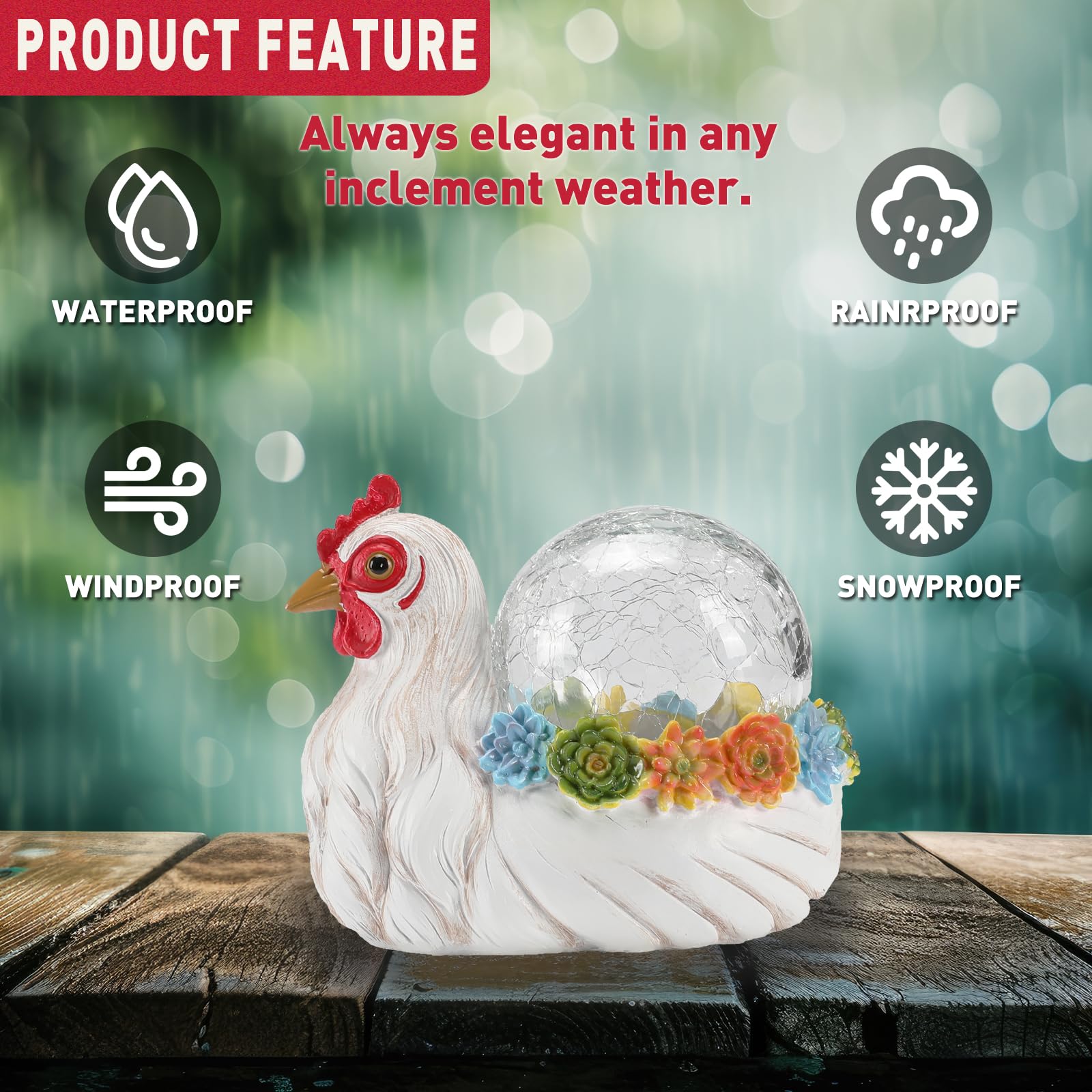 Vasesun Solar Chicken Garden Statue Lights For Outdoor Decor With Cracked Glass Led Rooster Figurine Lighting Resin Succulent He