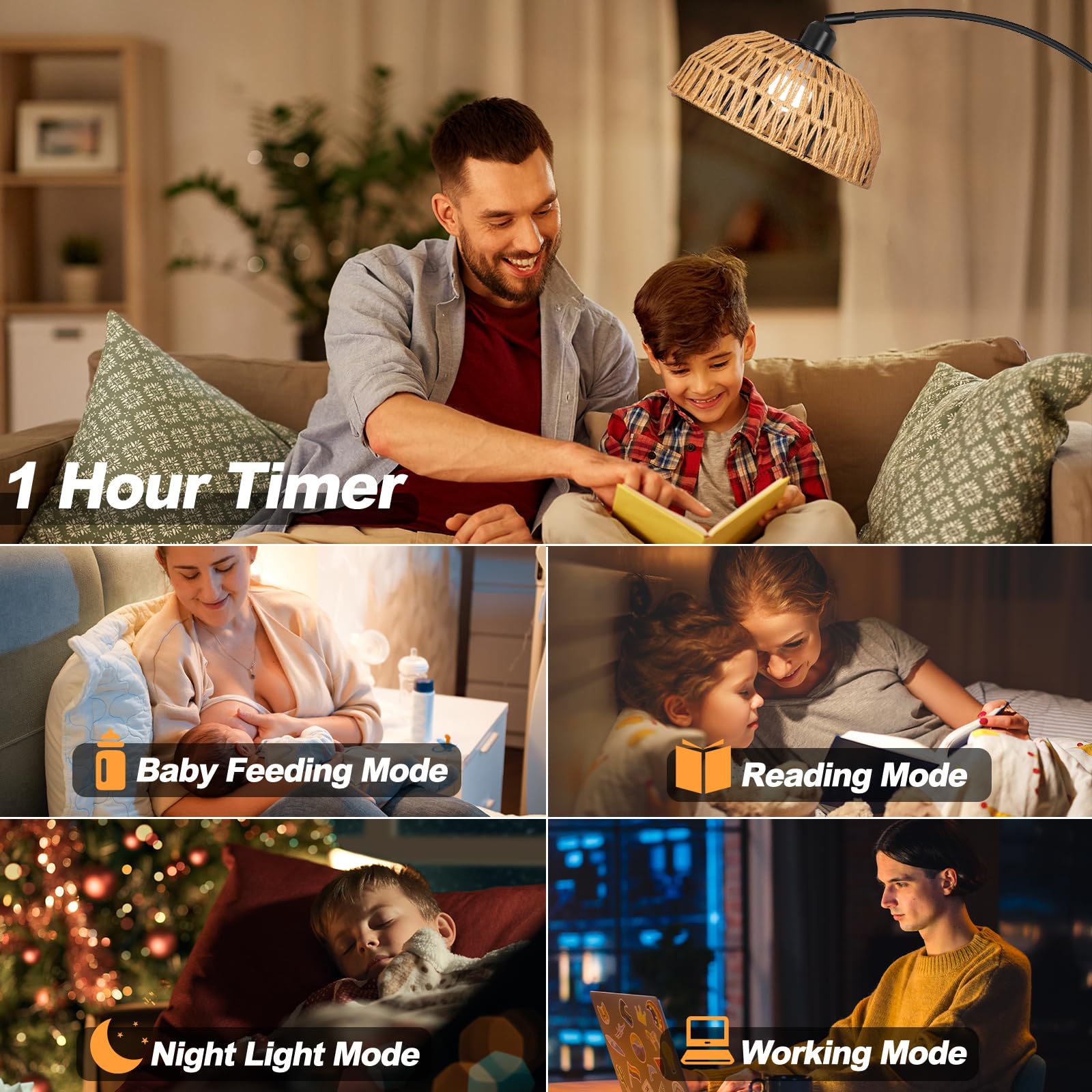 Boho Floor Lamp With Remote- Arc Tall Lamps, Bronze Floor Lamps With Stepless Dimmable Bulb, Hand-Worked Adjustable Rattan Lampshades, Brown Rattan Standing Lamp