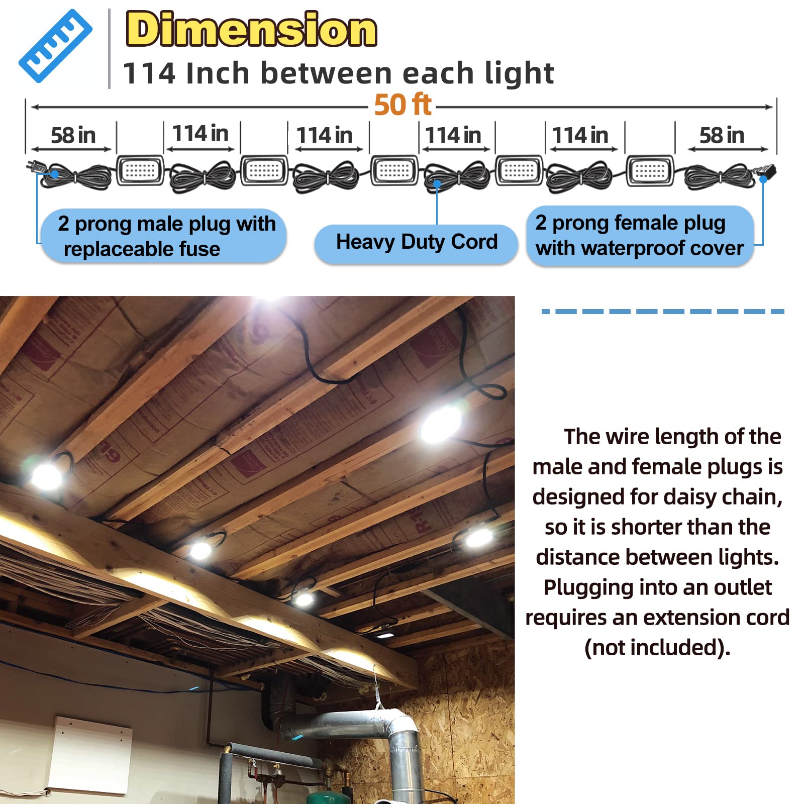 Owleye 50Ft Led Work Light 85W 8000Lm Waterproof Construction String Lights Linkable Temporary Work Lighting Outdoor Indoor Worklight (5 Light Heads)