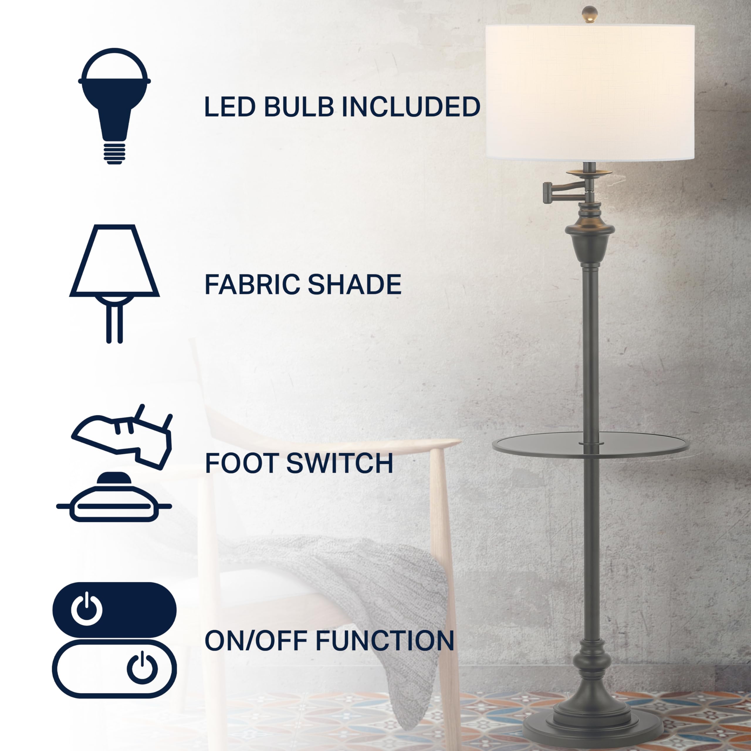 Jonathan Y Cora 60 Metal/Glass Led Side Table & Floor Lamp, Black, Model Jyl3055D, Contemporary & Transitional Design For Any Room