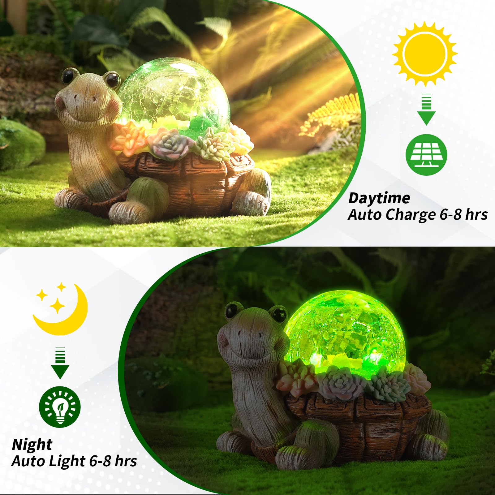 Vasesun Solar Turtle Garden Statue Lights For Outdoor Decor With Cracked Glass Led Figurine Lighting Resin Succulent Tortoise Decorations Patio Lawn Yard Housewarming Mom Gifts