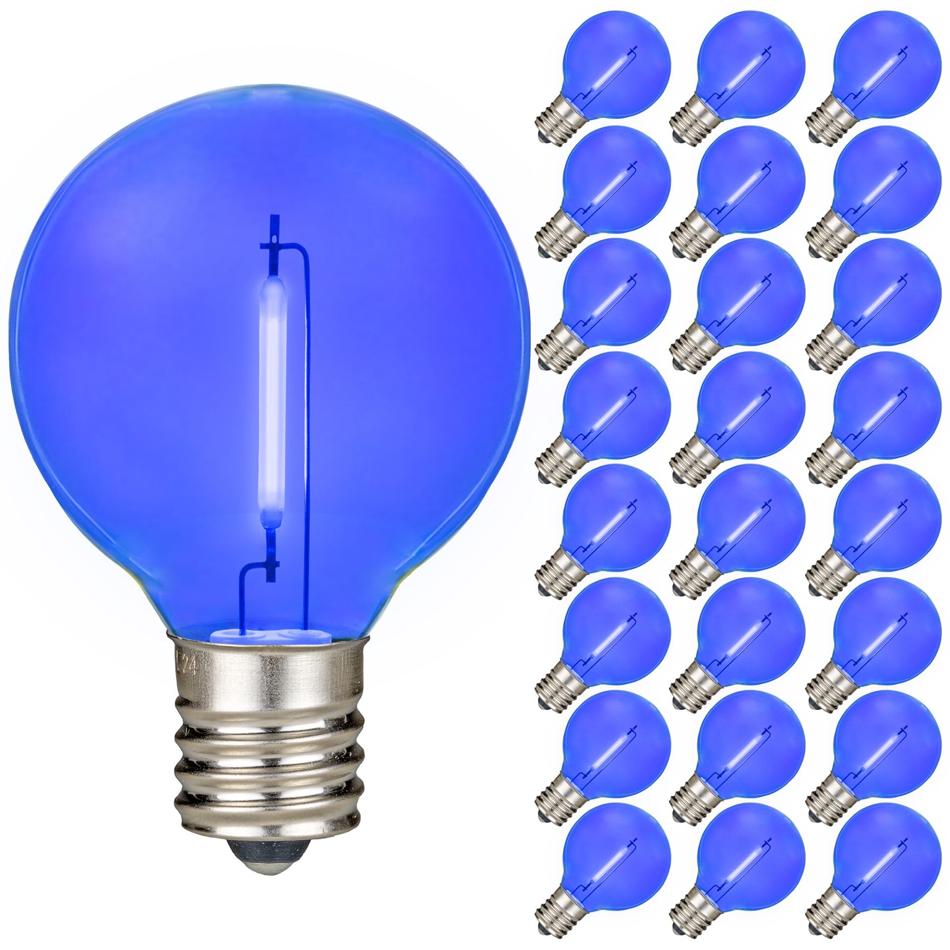 Novelty Lights 25 Pack Blue G40 Led Filament String Light Bulbs  E12/C7 Candelabra Base  5 Watt Equivalent  Shatterproof Replacement Bulbs For Patios  Canopy Lighting