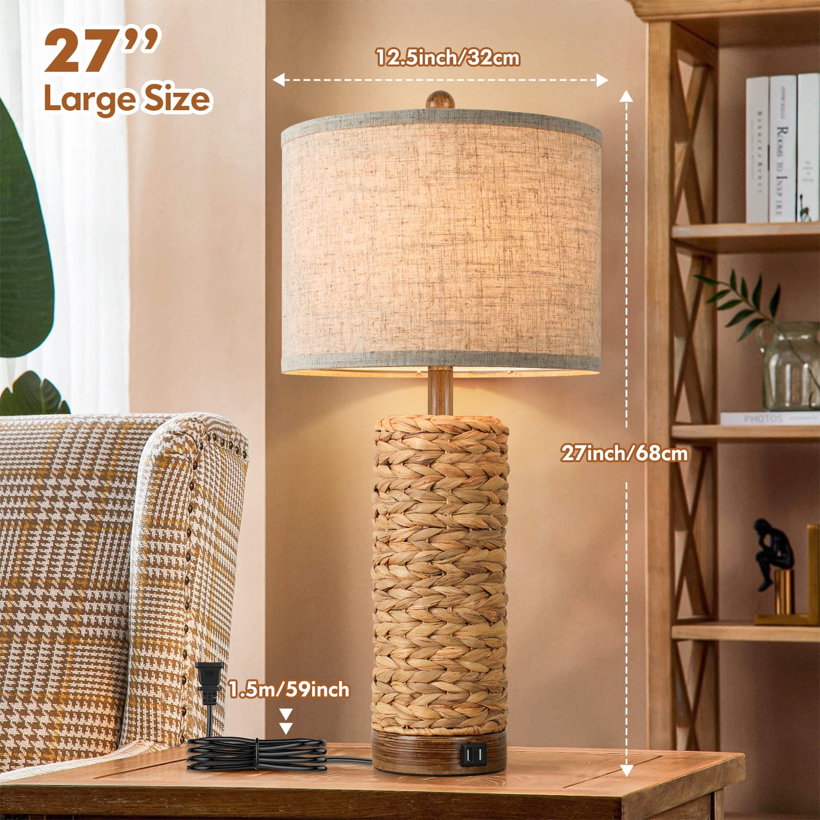 Rattan Table Lamp For Living Room With 2 Usb Ports, 27In Tall Bedroom Table Lamp With Hand-Made Seagrass Base, Rustic Farmhouse