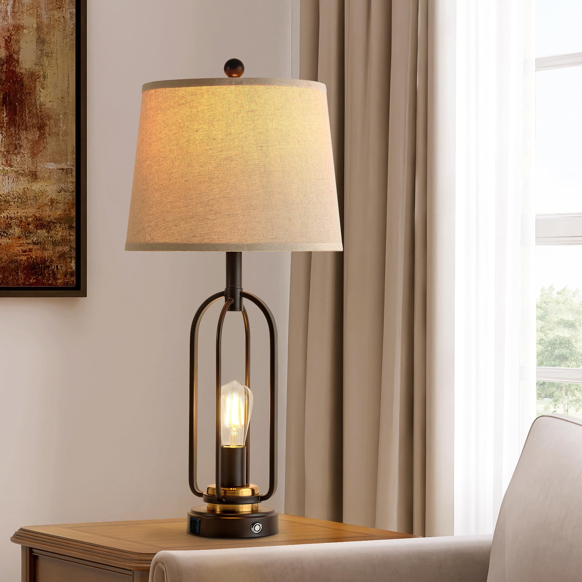 Srjjrs Farmhouse Table Lamps For Living Room Set Of 2, 28.5'' Tall Rustic Table Lamps With Usb Ports, 3-Way Dimmable Vintage Bed