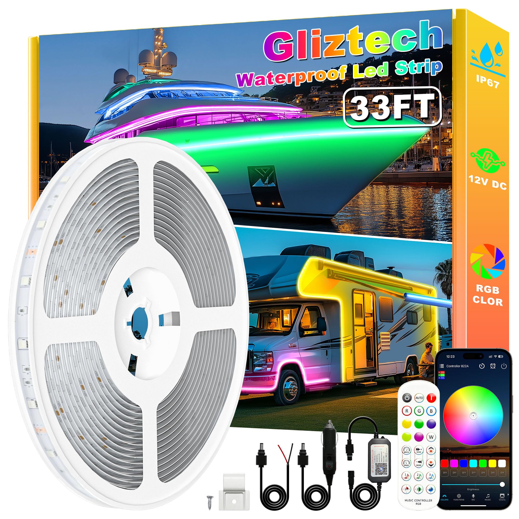 Gliztech RGB Marine LED Strip Lights, 33FT Waterproof, 12V, IP67, for Pontoon, Bass, Deck, RV, Fishing Kayak, Model 5050-30