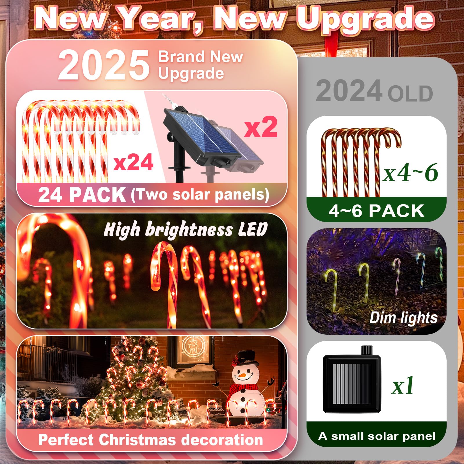 Solar Christmas Lights Outdoor Decorations: 24 Pack Candy Cane Light Waterproof For Yard Pathway Decorative - New Year Gardening