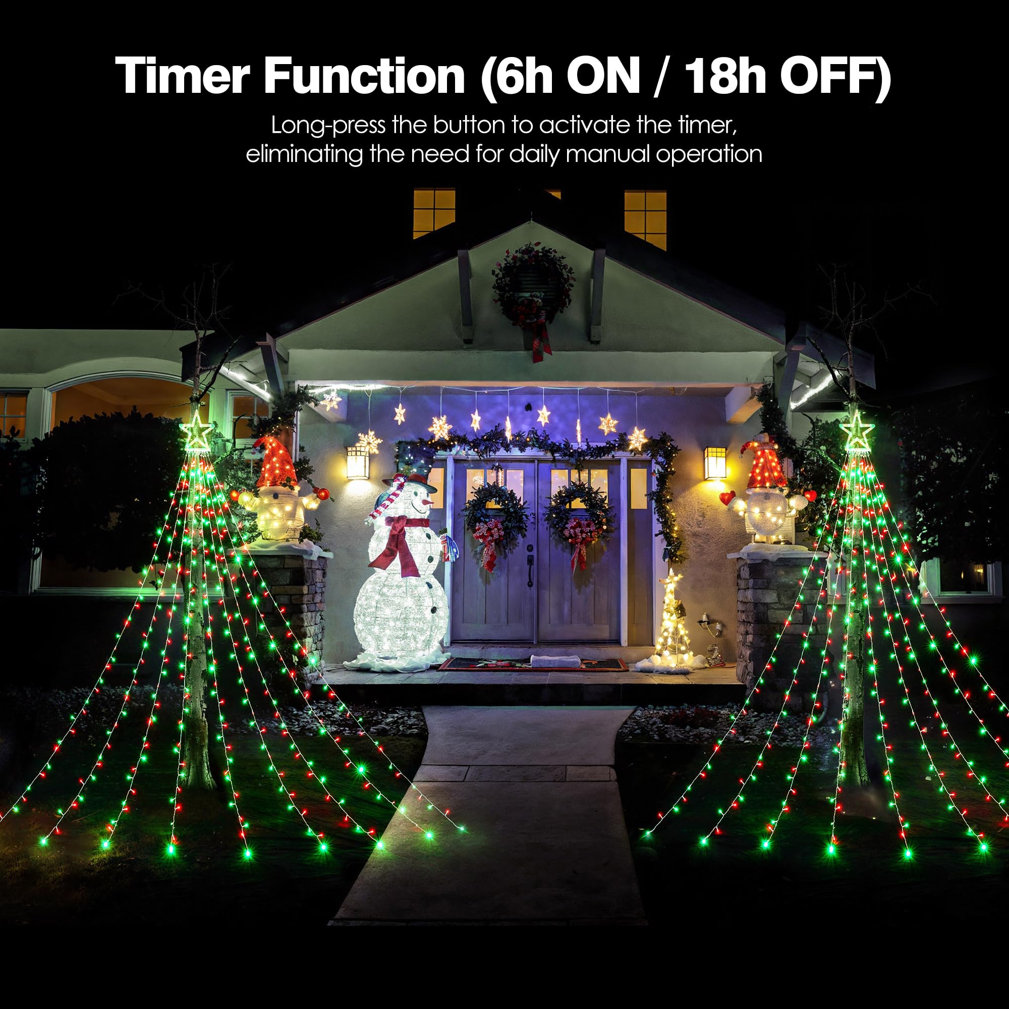 Blctec Outdoor Christmas Decorations 317 Leds Christmas Lights With 9 Strands 11.9Ft Waterfall Christmas Tree Lights  8 Modes  Waterproof  Topper Star & Timer For Yard Patio Xmas D?Or  Red Green