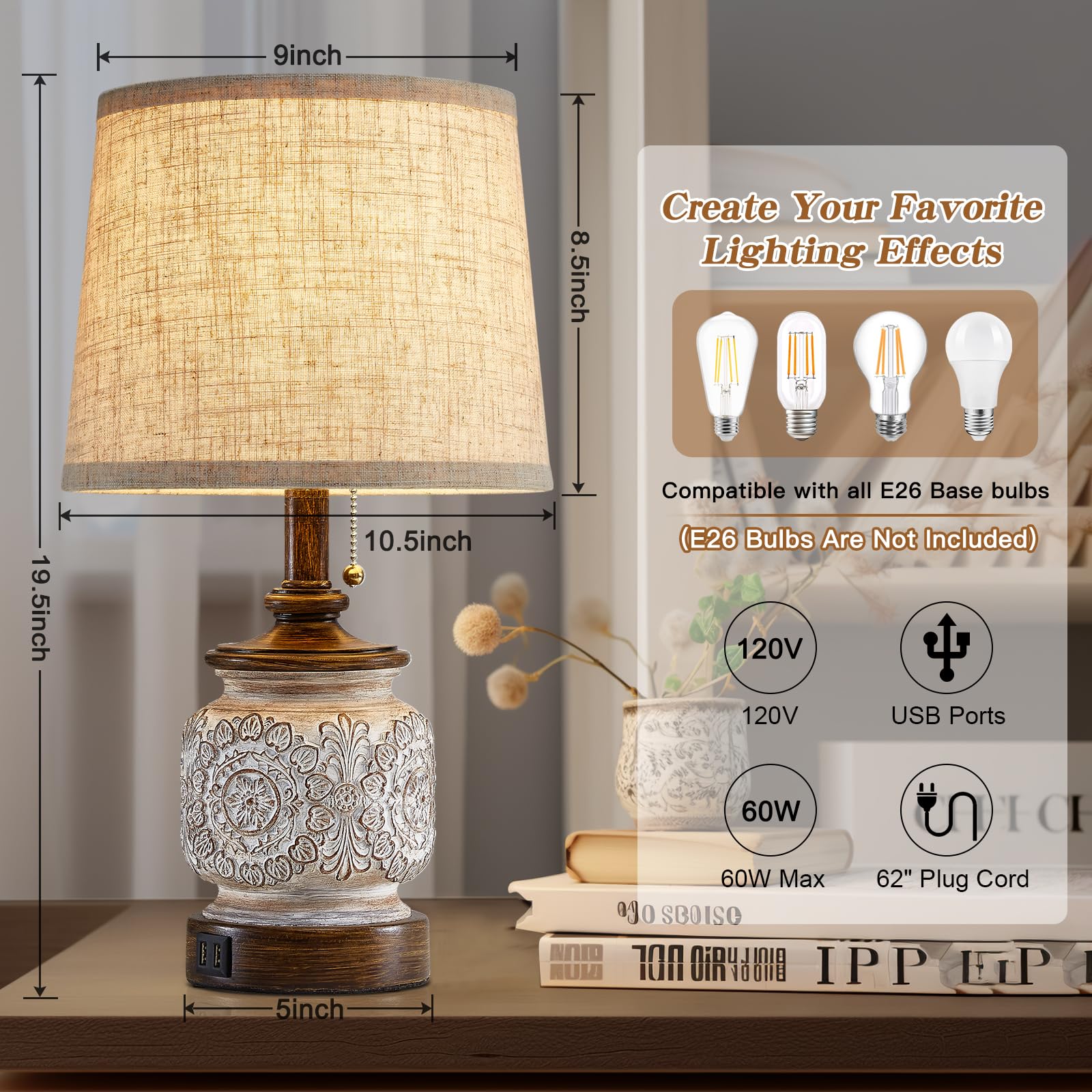 19.5'' Farmhouse Table Lamps For Bedrooms Set Of 2 Vintage Bedside Lamps For Nightstand With Usb Charging Ports Traditional Rusi