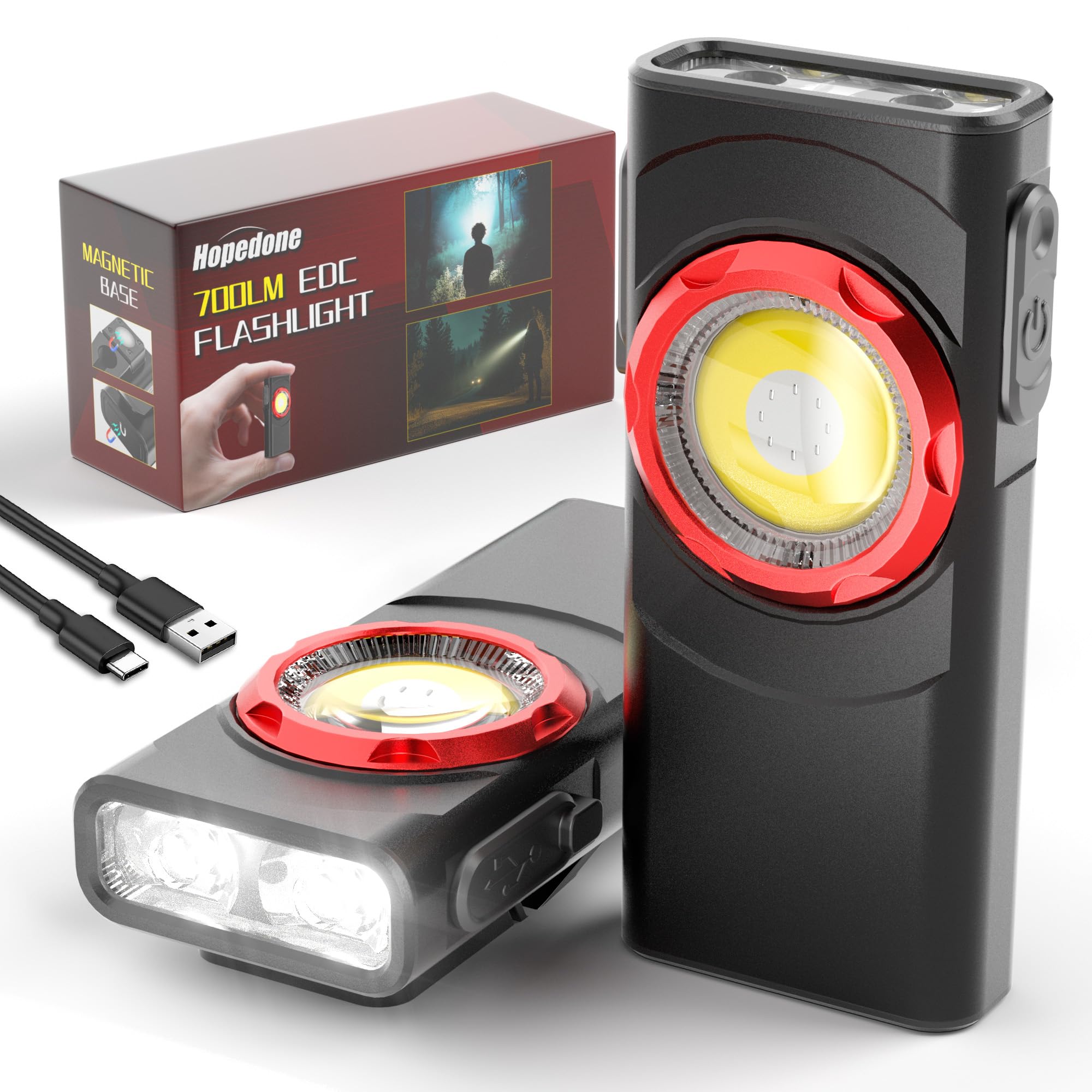Hopedone Clip-On Light Rechargeable, 700 Lumens Flat EDC Flashlight with Clip & Magnetic Base, 9 Modes Dual Light Sources, USB-C