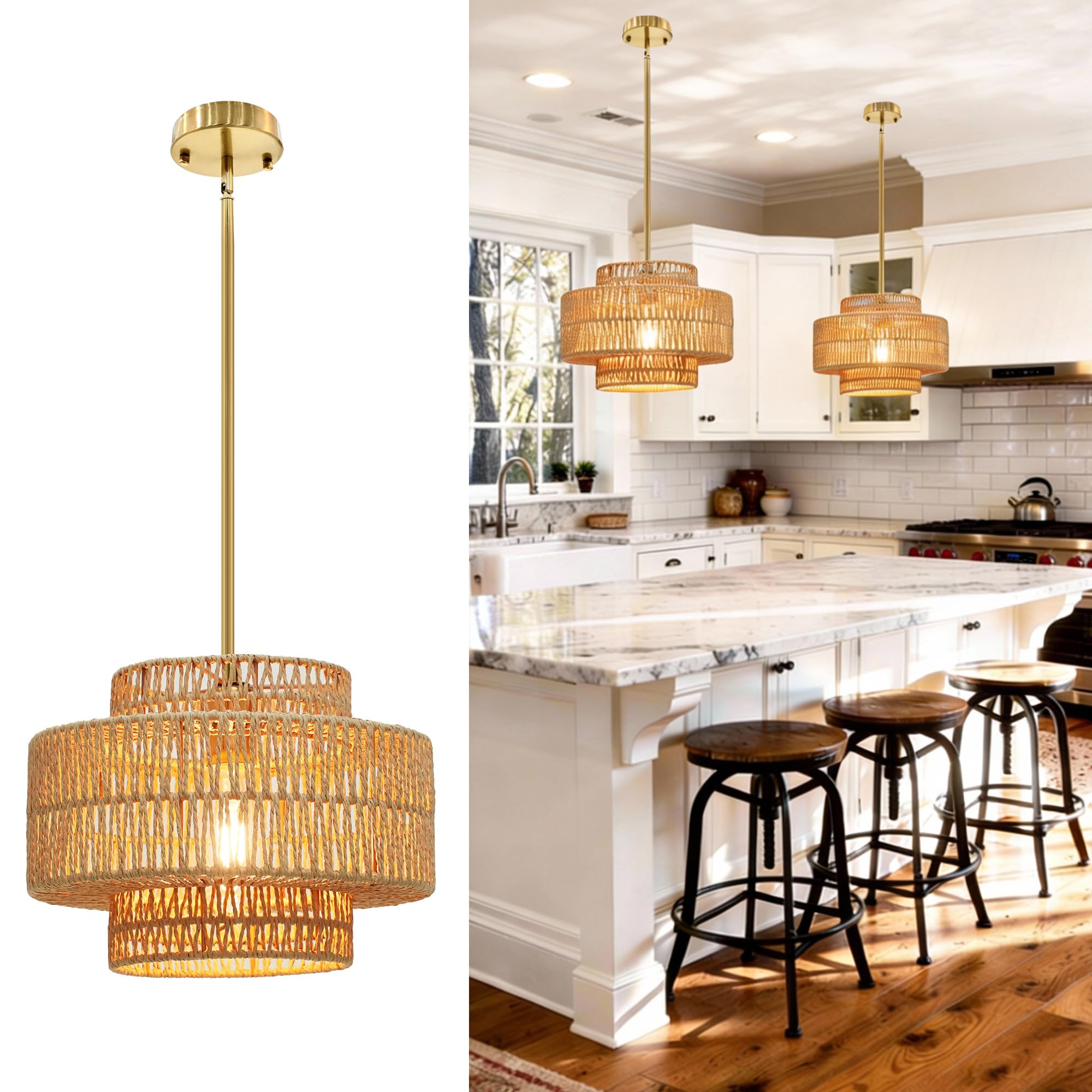 Phaosio 12.4    Boho Rattan Chandelier, Hand Woven Pendant Light Fixture, 1-Light Farmhouse Hanging Ceiling Light for Dining Roo