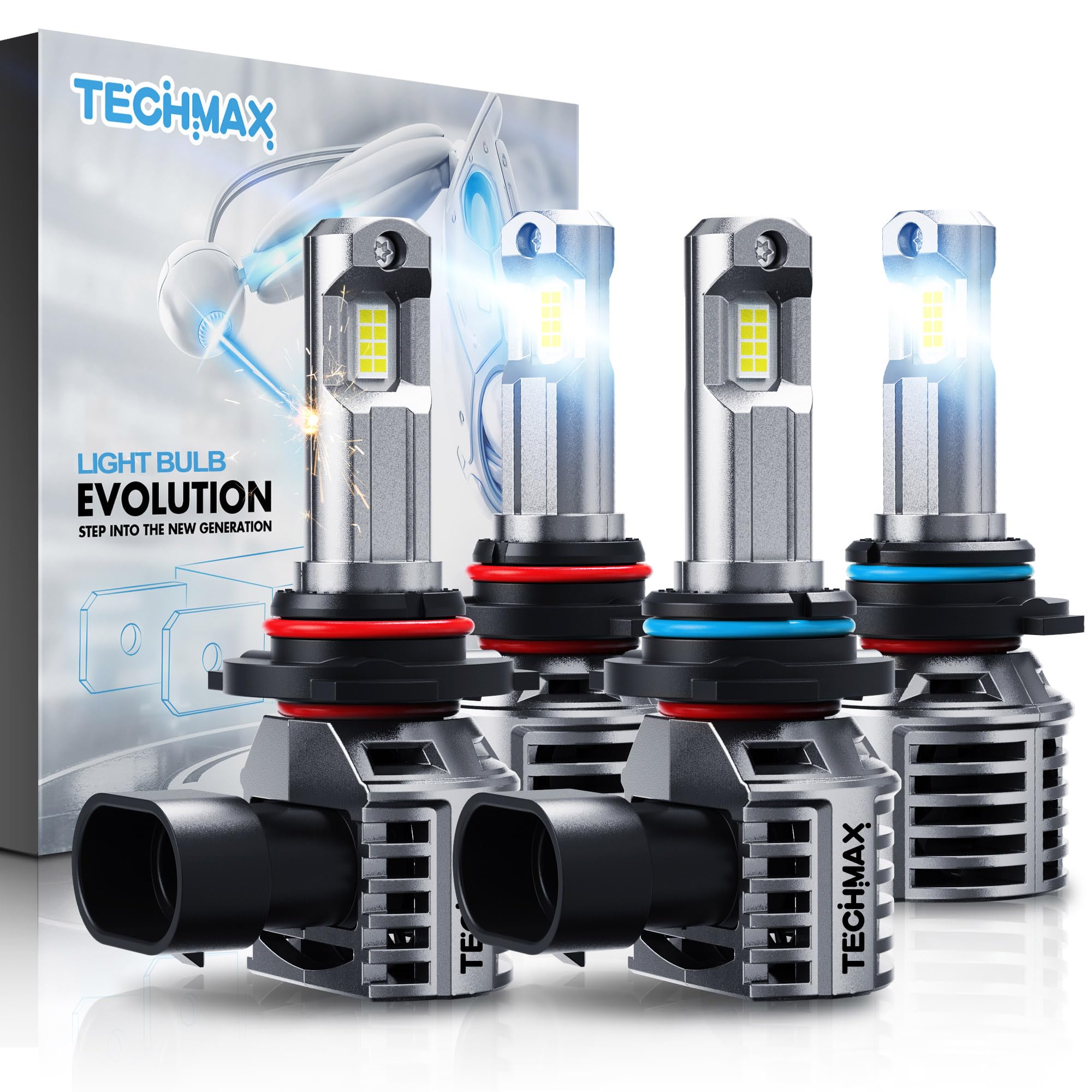 TECHMAX 9005 9006 Light Bulbs Combo, 600% Bright 6500K, Wireless Direct Insertion, Gray, Pack of 4