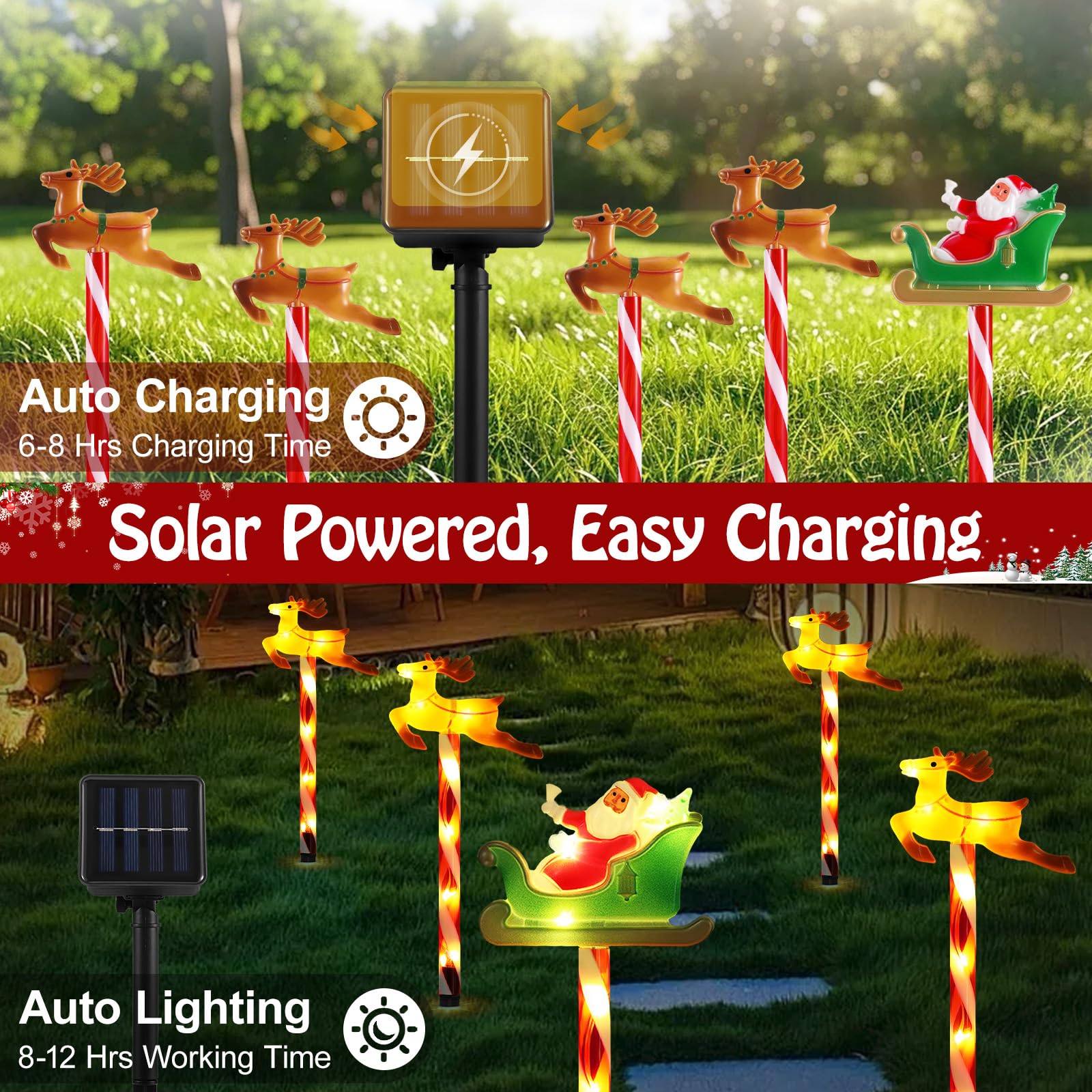 Lewondr Solar Christmas Pathway Lights, 5 Pack, Warm Light, Santa Claus & Reindeer, Waterproof Garden Decor, Model HD250058