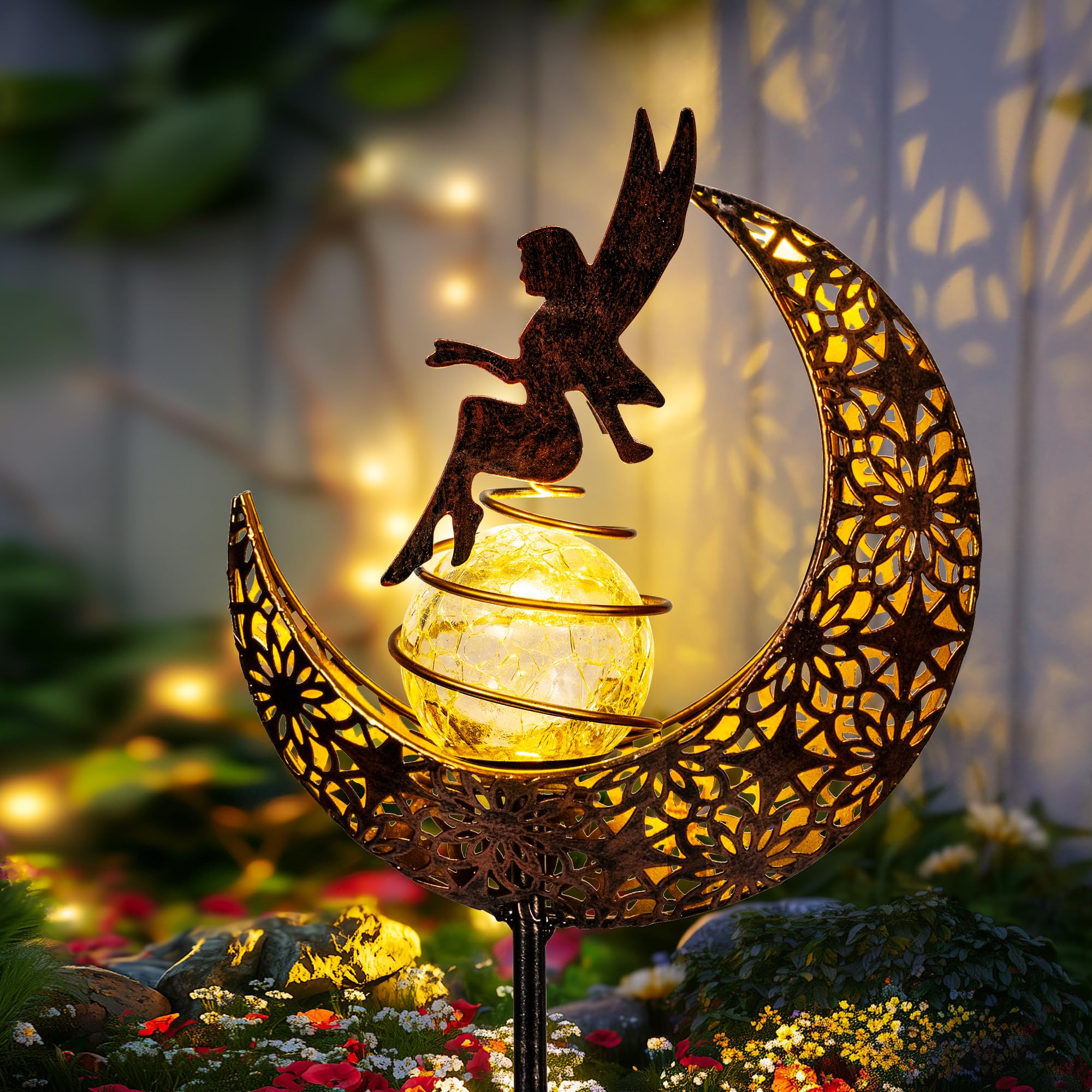 SUNCKET Fairy Garden Solar Lights Outdoor Moon Stakes, Waterproof Outdoor Metal Decor Gifts for Women Mom, Art Moon Sculpture fo