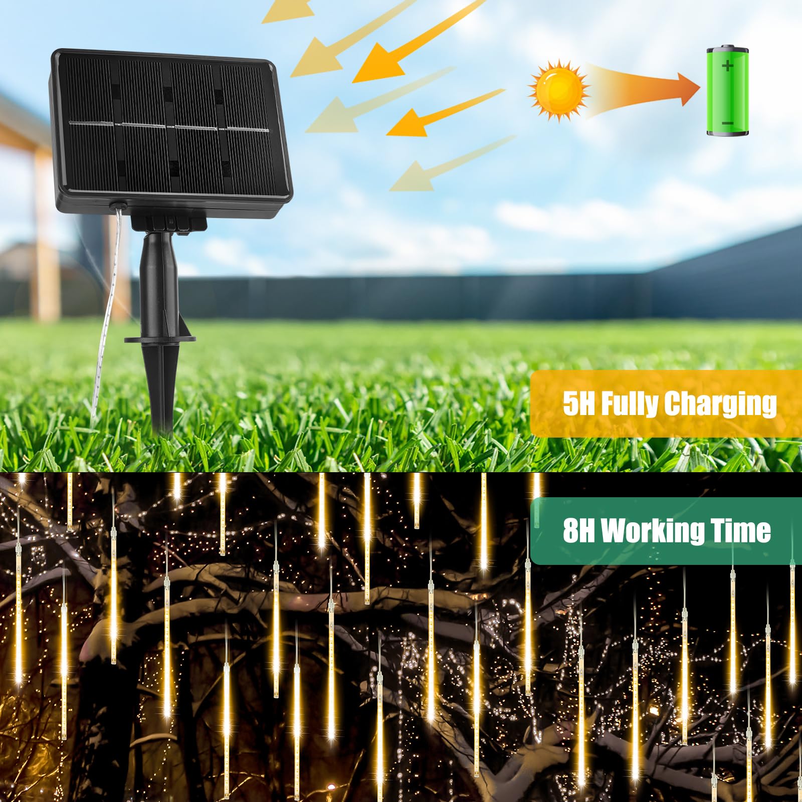 Brightown Solar Meteor Shower Lights - 576 LED, 16 Tubes, 16 Inches, Warm White, Plastic - Outdoor Christmas Decorations