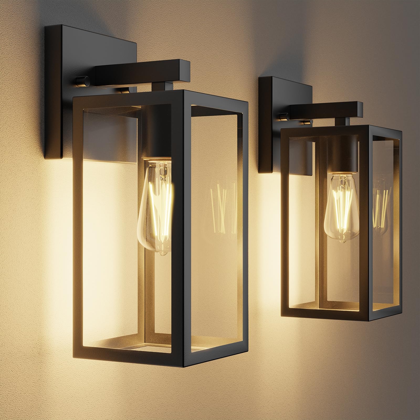 Outdoor Wall Lights, 12.4 Inch Waterproof Lanterns with Frame and Clear Glass Shade, Exterior Front Porch Lights Matte Black Wal