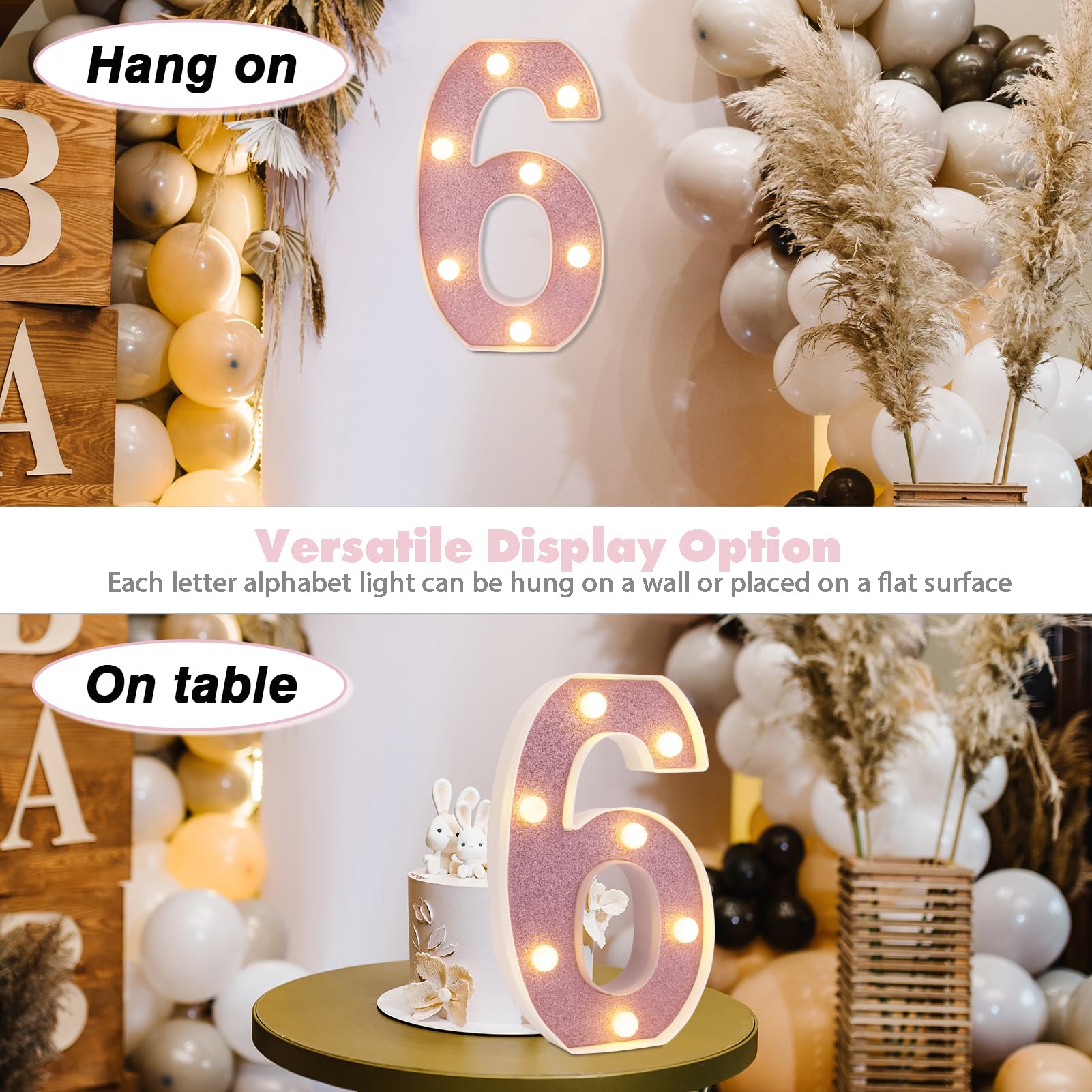 DyingSwan LED Marquee Number Light, Pink Glitter, 8.58 Inch, Battery Powered, Number 6, Plastic Decor