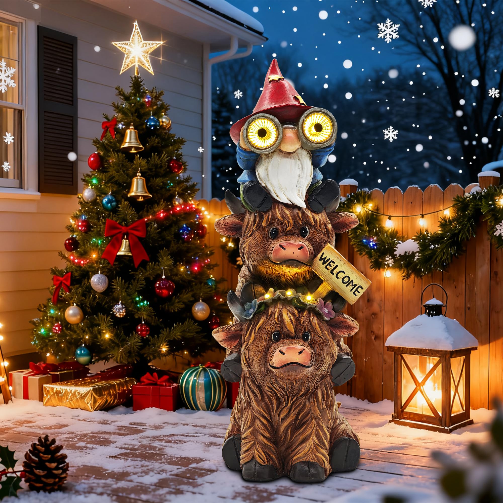 CFFOWNUG Christmas Garden Gnome Statue - 11'' Highland Cow Decor with Solar Light, Brown Resin, CF-Cow001-Telescope