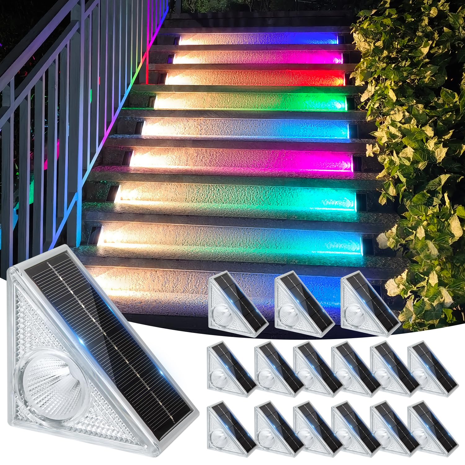 Ellasay Stair Lights Outdoor 16 Pack,10 Color Modes Solar Step Lights for Outside, Waterproof IP65 Solar Lights for Garden Stair