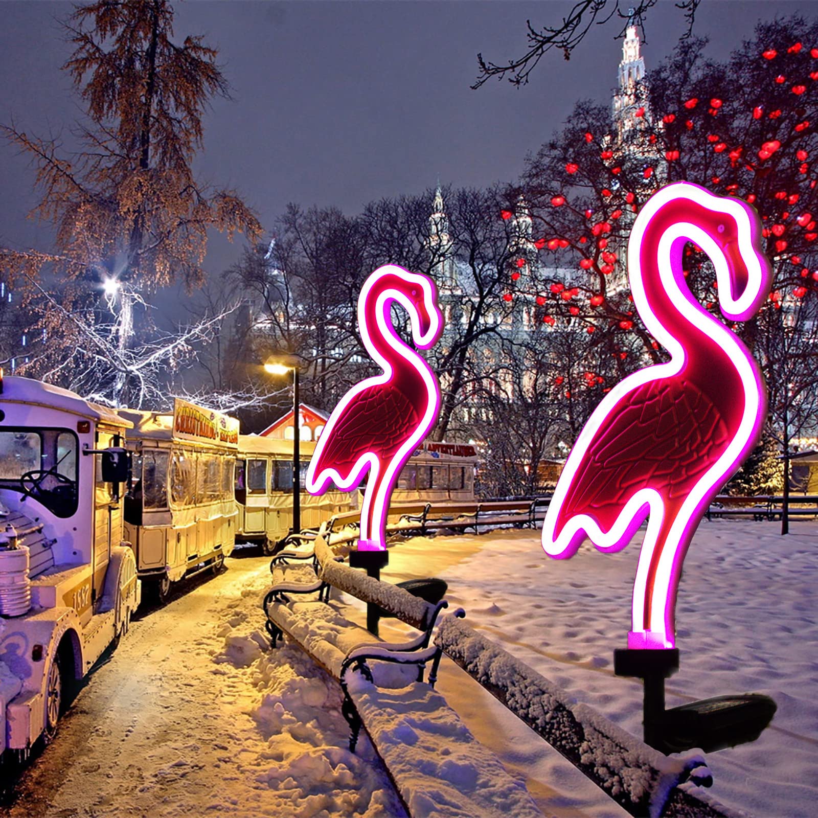 Solar Flamingo Pink Neon Light - 2Pack 42 Inch Metal Garden Stake Lights, Flamingo Gifts For Women Path Lighting For Yard Lawn P