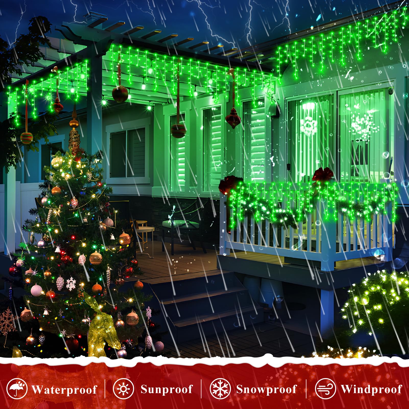 Xurisen 132Ft Christmas Lights Decorations Outdoor, 1280 Led 8 Modes Fairy Lights With 240 Drops,Plug In Waterproof Timer Memory