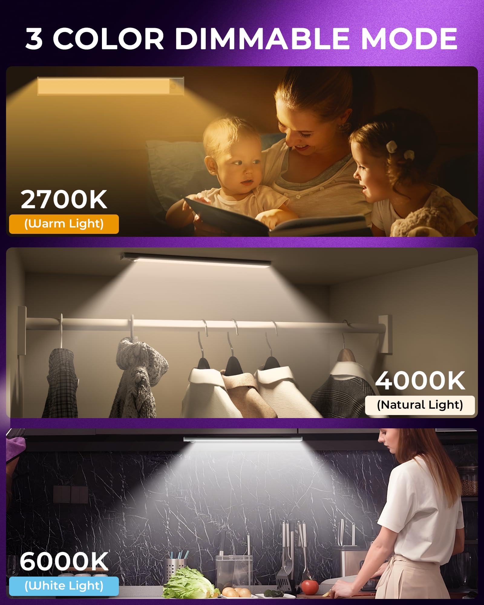 Asoko Home Under Cabinet Lights Motion Sensor Light Indoor,3-Light Colors, 2500Mah Rechargeable Led Closet Lights Battery Operat