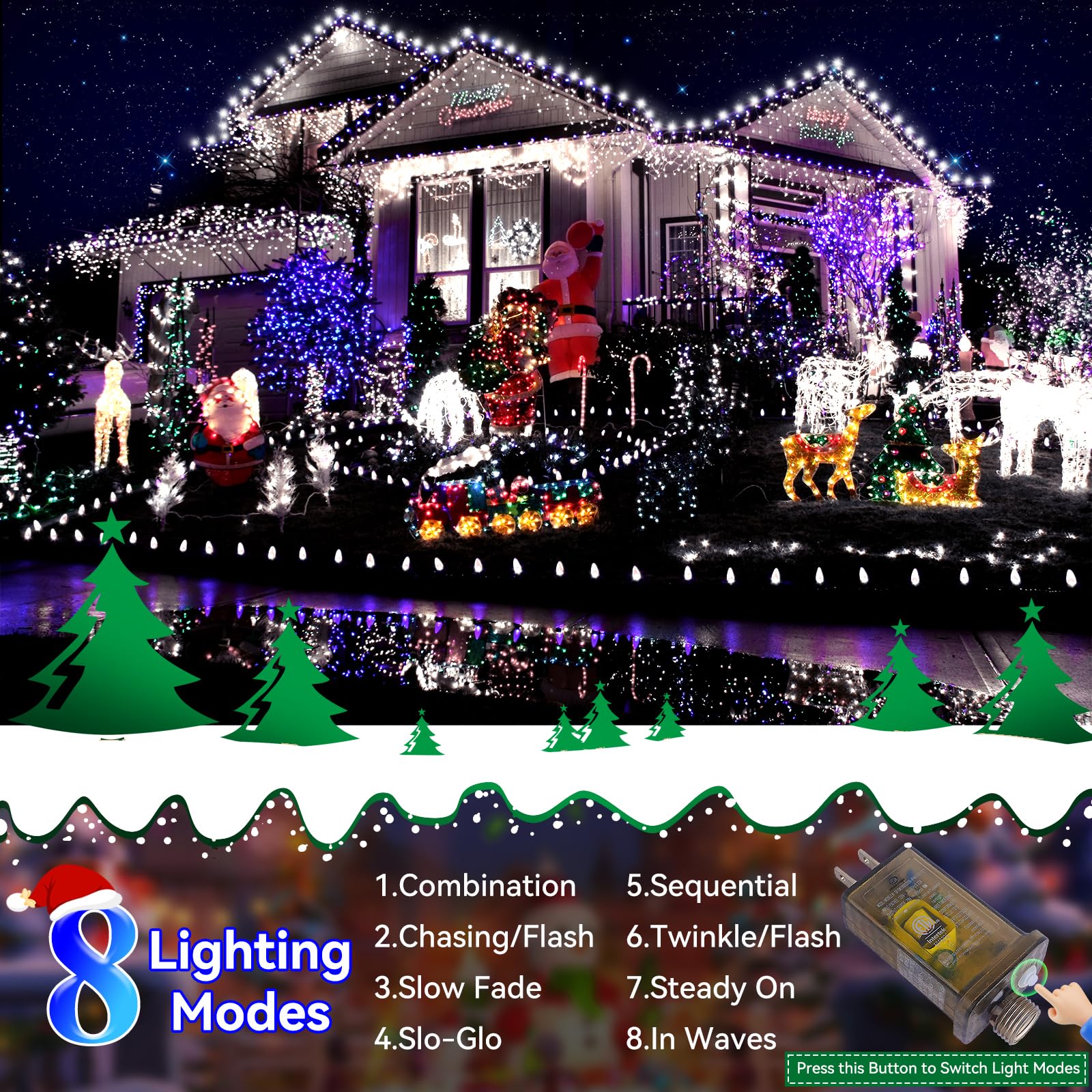 Heceltt Christmas Lights Outdoor, 394Ft 1000Led Christmas Lights With 8 Modes And Timer Memory Function Christmas String Lights