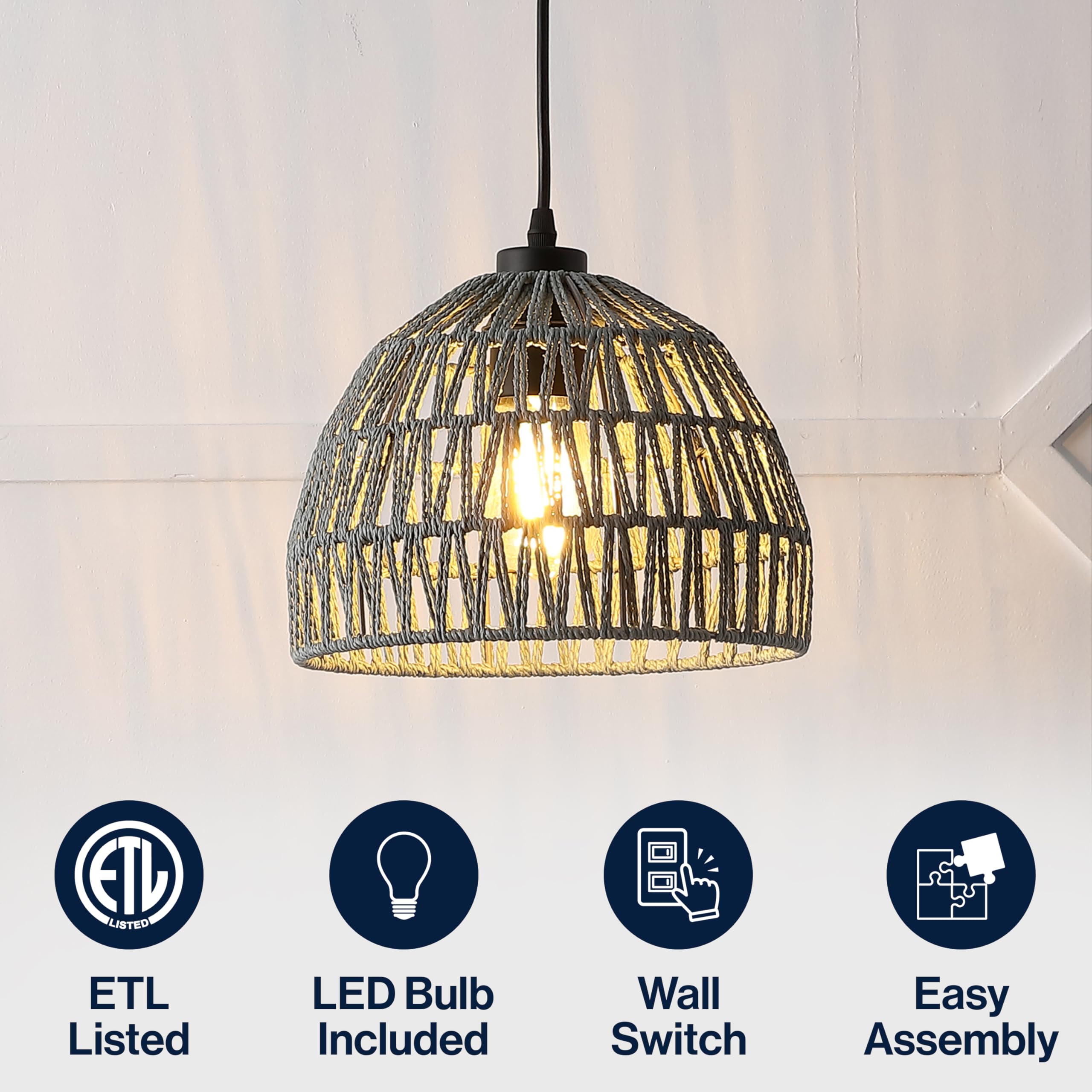 Jonathan Y Jyl6513D Campana 10.25 1-Light Bohemian Modern Woven Rope/Iron Led Pendant Farmhouse, Coastal, Transitional, Kitchen,