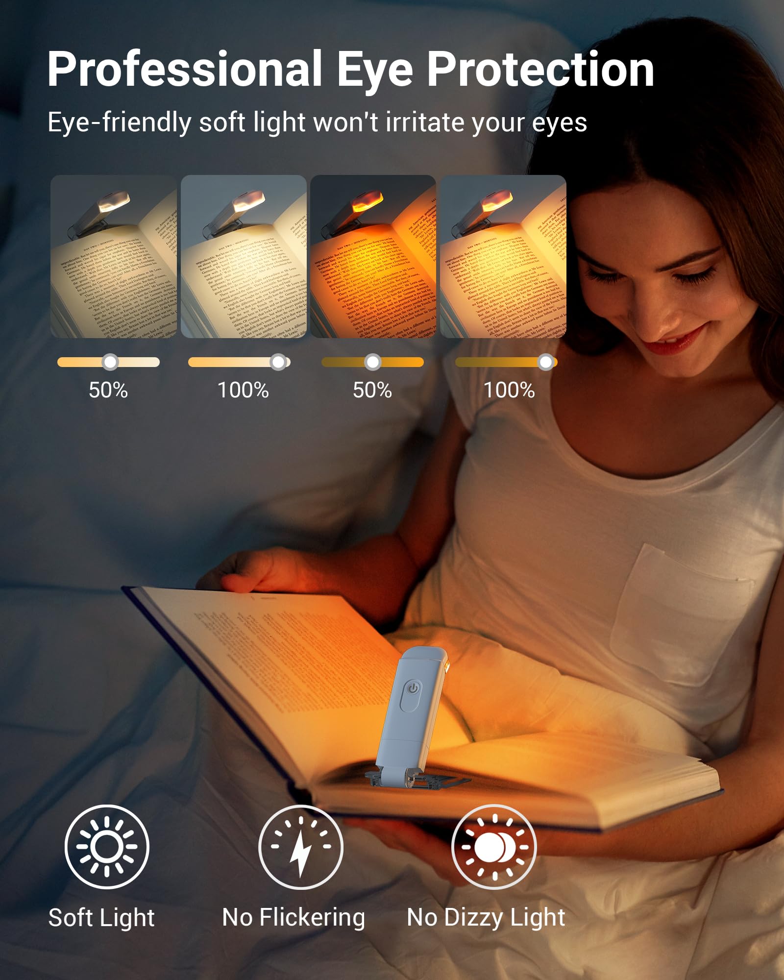 Dewenwils Book Light Rechargeable, Amber Reading Lights For Books In Bed, Blue Light Blocking, 4 Brightness Adjustable For Eye Care, Clip On Led Book For Kids, Bookworms (White)