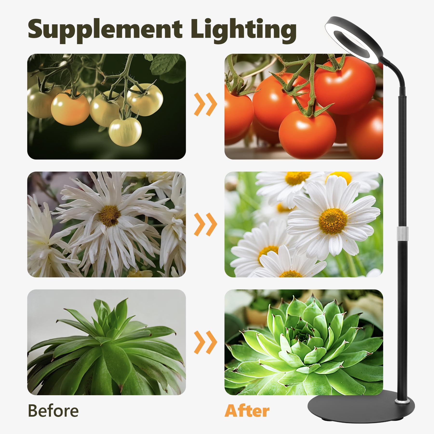 Vsoke Full Spectrum Grow Light for Indoor Plants, 24.2" Adjustable Desk Lamp, 60 LEDs, Black, DeskRinBla, 3 Lighting Modes, 10-Level Dimm