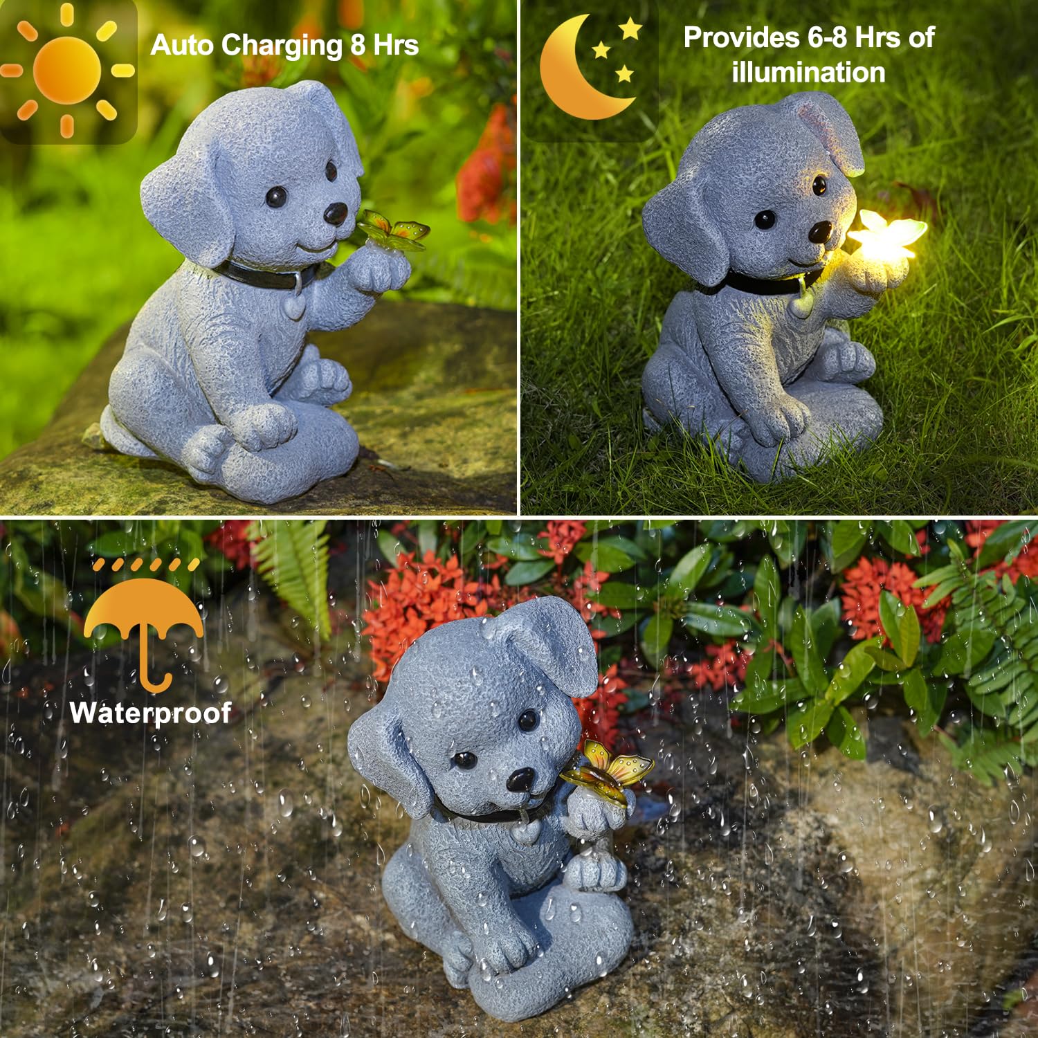 Cyhiyolies Solar Dog Statue Garden Decor With Butterfly Light - Waterproof Outdoor Yard Art For Patio, Lawn, Balcony For Mothers